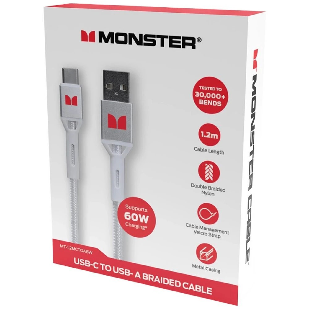 2 Monster Braided USB-A to USB-C Cable 1.2m White, 2 of 2