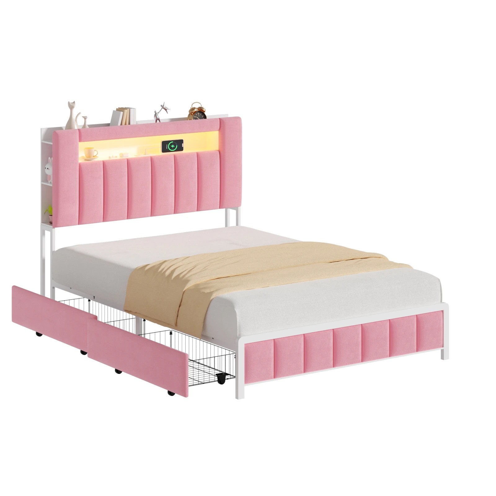 1 Advwin Double Bed Frame with LED Shelves Charging Station - Pink, 1 of 8