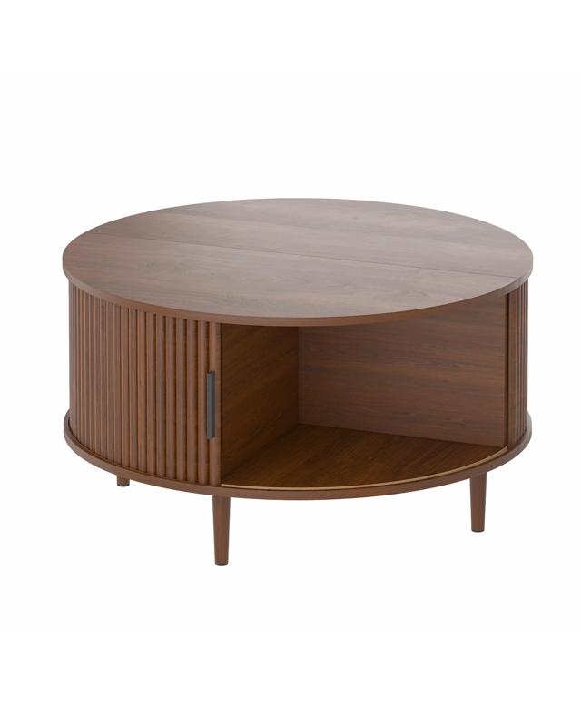 Advwin 80cm Round Coffee Table Fluted Center Table w/ Sliding Door Cabinet Side Table w/ Hidden Storage & S