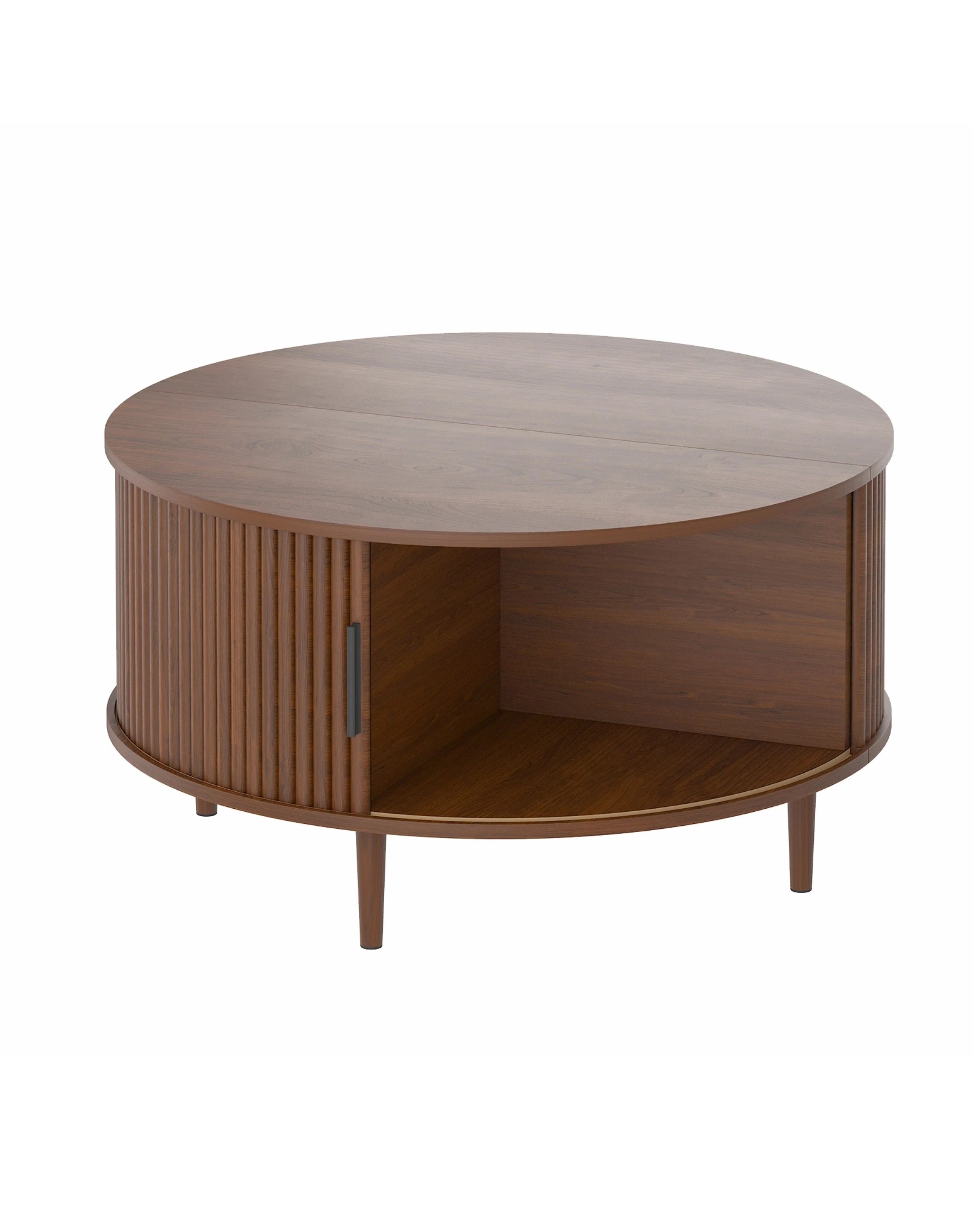 1 Advwin 80cm Round Coffee Table Fluted Center Table w/ Sliding Door Cabinet Side Table w/ Hidden Storage & Shelf, 1 of 9