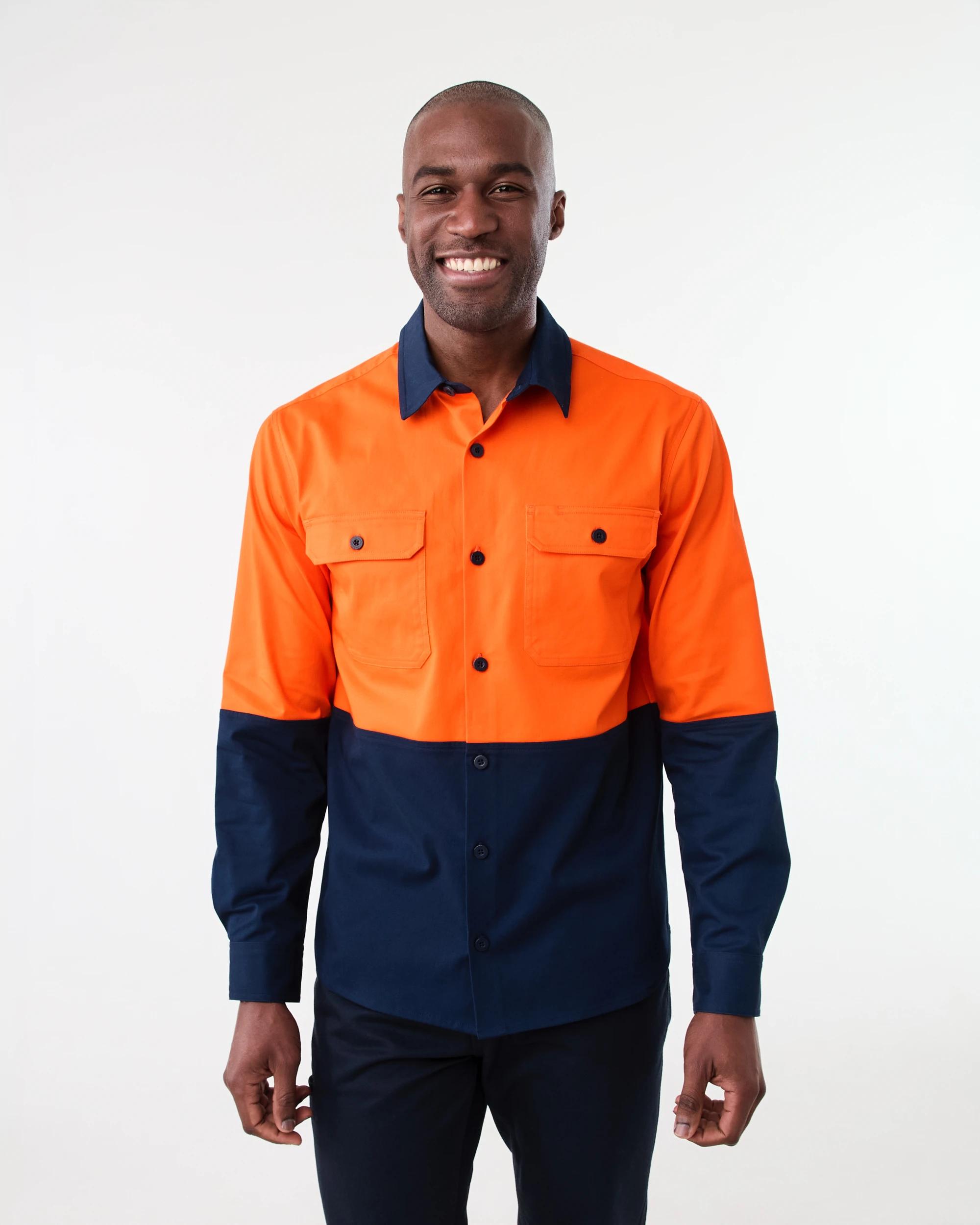 1 Workwear Long Sleeve Hi-Visibility Stretch Shirt SAFETY ORANGE, 1 of 7