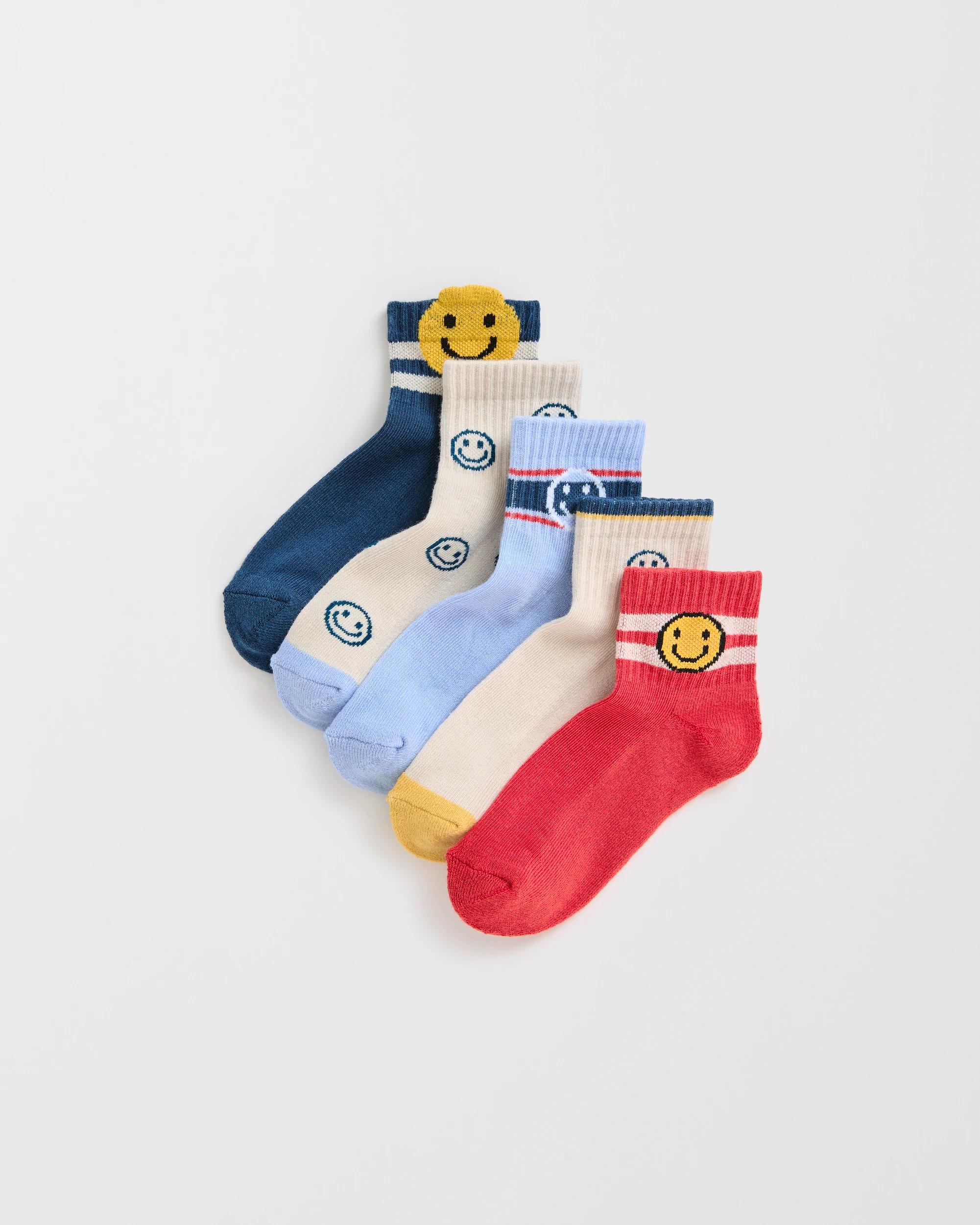 1 Maxx 5 Pack Boys Rib Quarter Crew Socks HAPPY FACE, 1 of 3