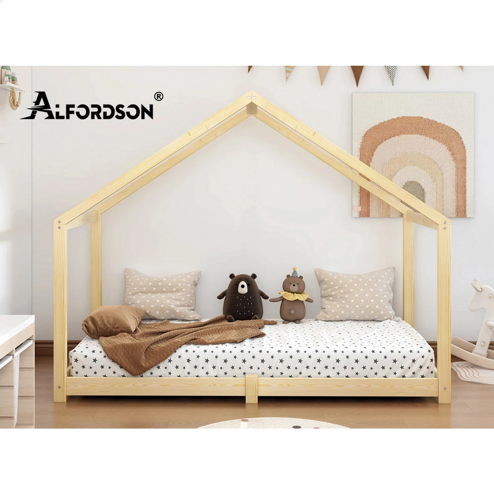 7 Alfordson Kids Bed Frame Wooden Timber Single House Frame Candice - Natural, 7 of 7
