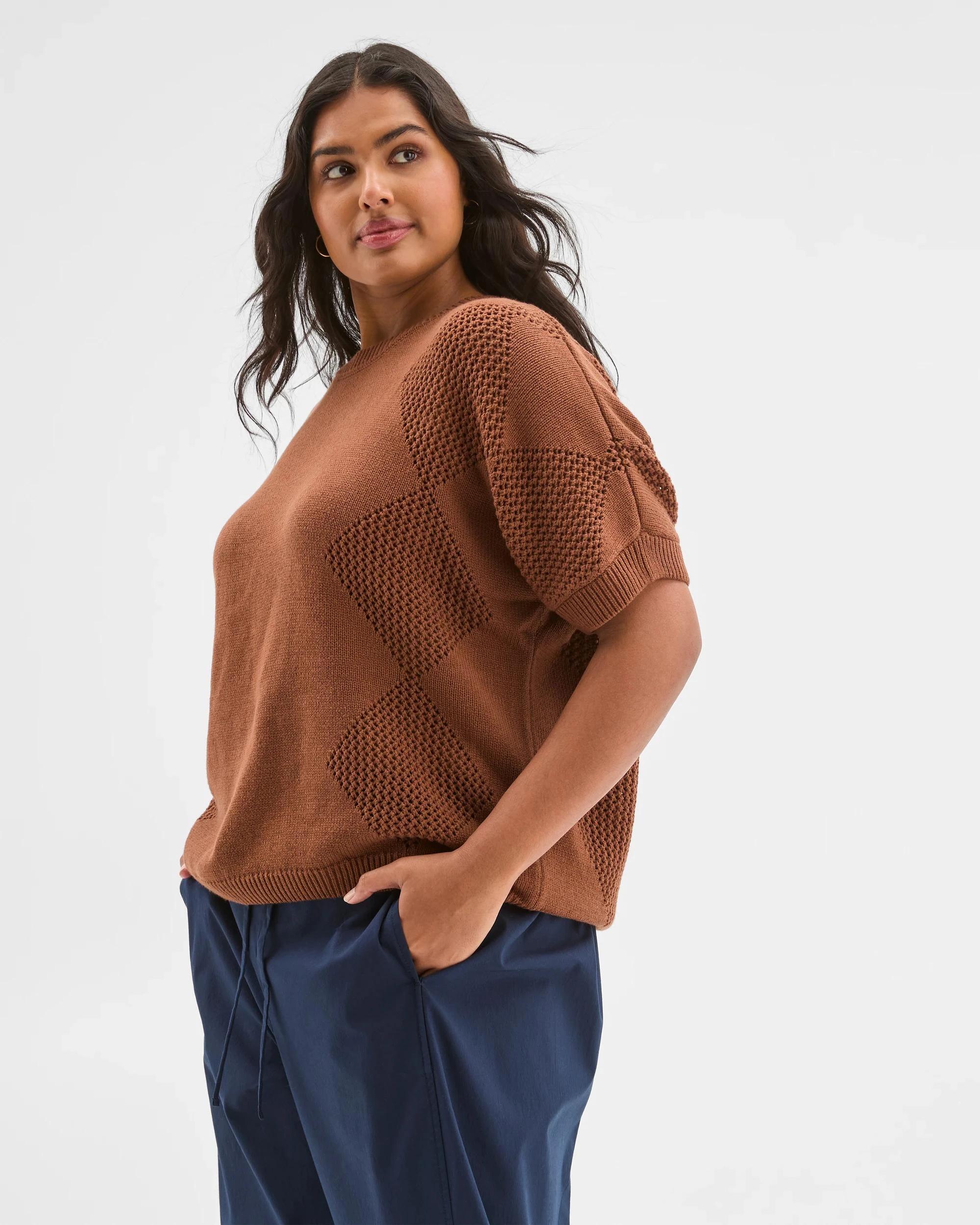 4 Target Curve Plus Size Australian Cotton Blend Relaxed Pointelle Knit Top PARTRIDGE, 4 of 5