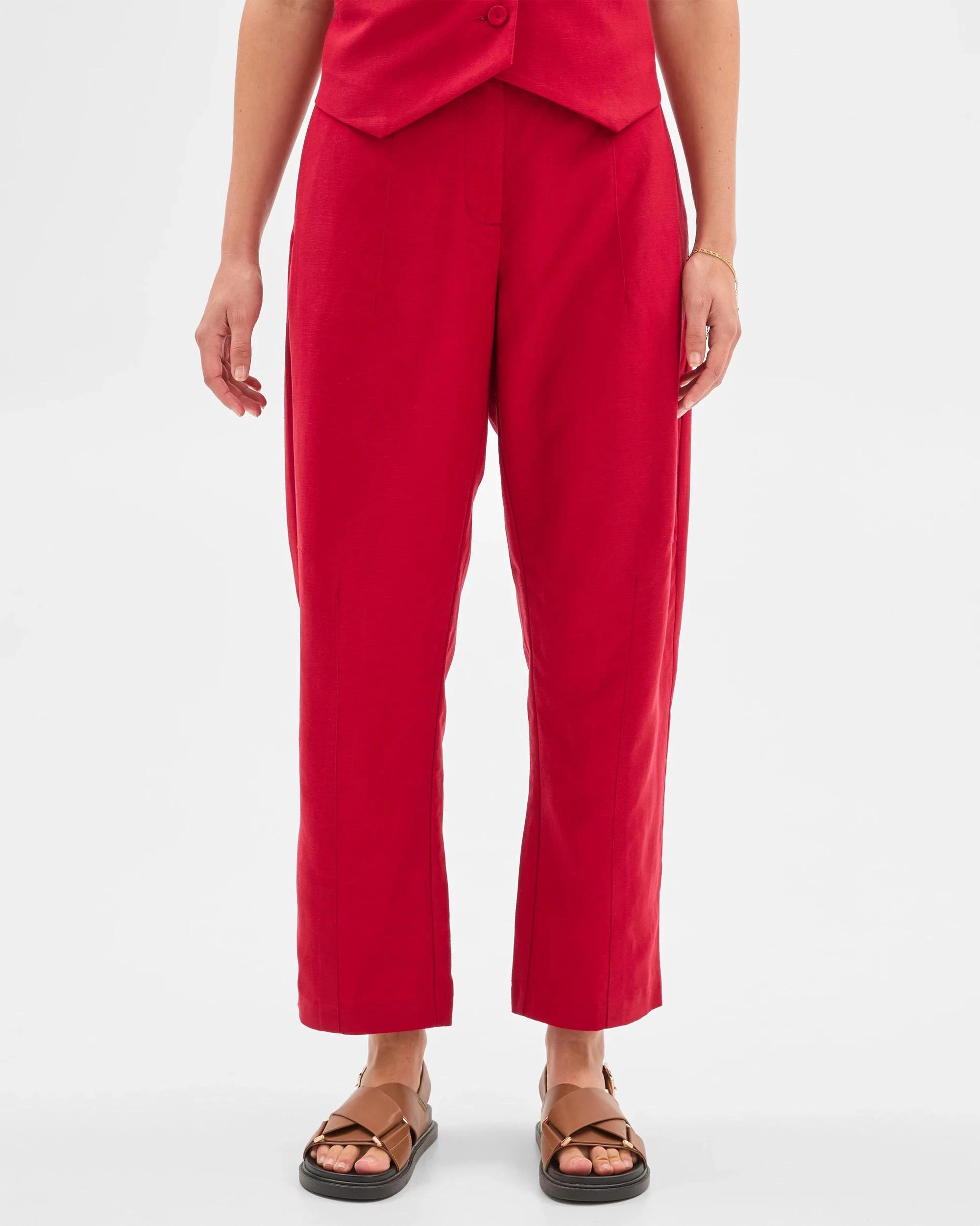 4 Preview Linen Blend Barrel Leg Pants CRIMSON, 4 of 6