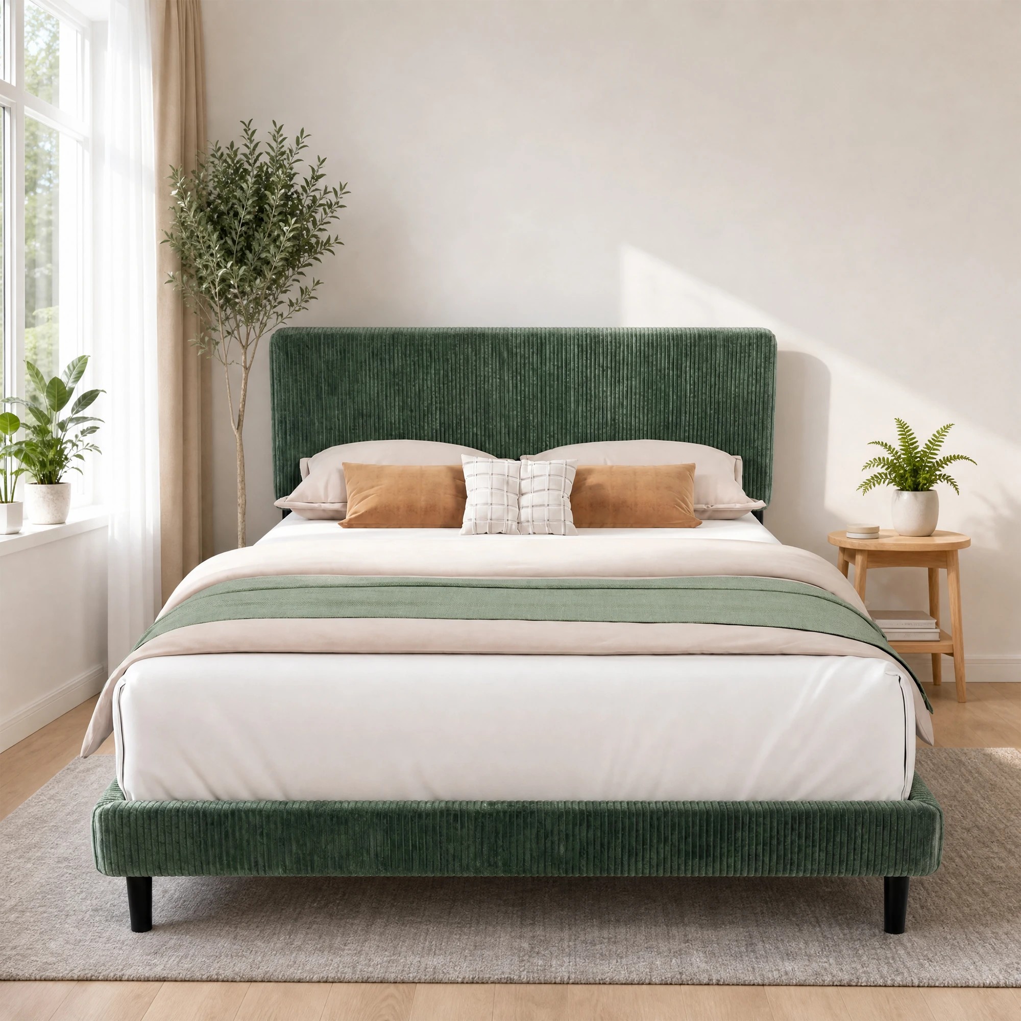 2 Advwin Double Corduroy Upholstered Bed with Adjustable Headboard - Green, 2 of 7