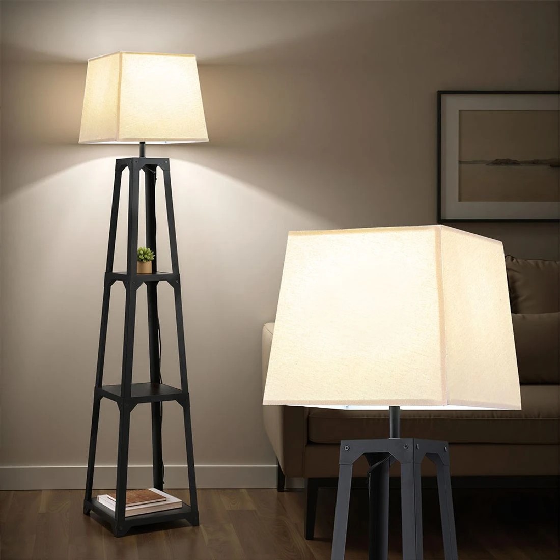 3 Artiss Floor Lamp 3 Tier Shelf Storage LED Light Stand Home Room Vintage - Black, 3 of 7