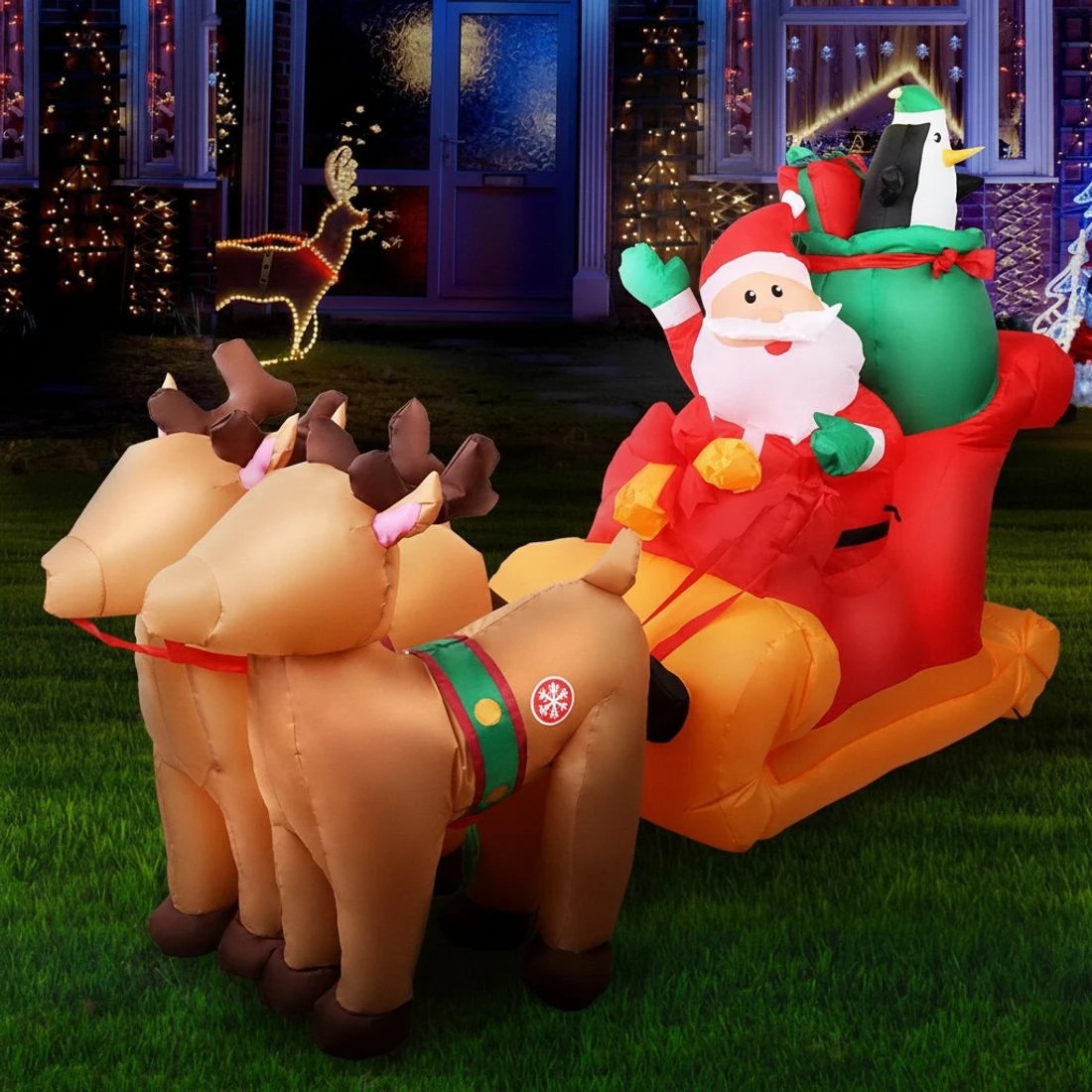 1 Jingle Jollys Christmas Inflatable Santa Sleigh 2.2M Illuminated Decorations - Multi, 1 of 7