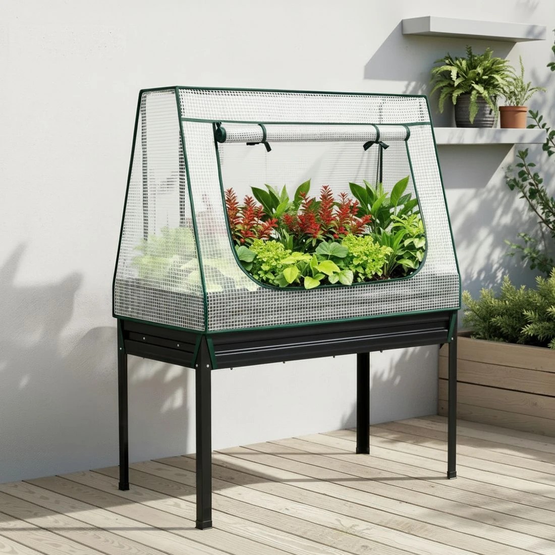 4 Green Fingers Elevated Metal Garden Bed Kit w Mini Greenhouse Cover 116x60cm Stand-Up Height Trellis - Multi, 4 of 4
