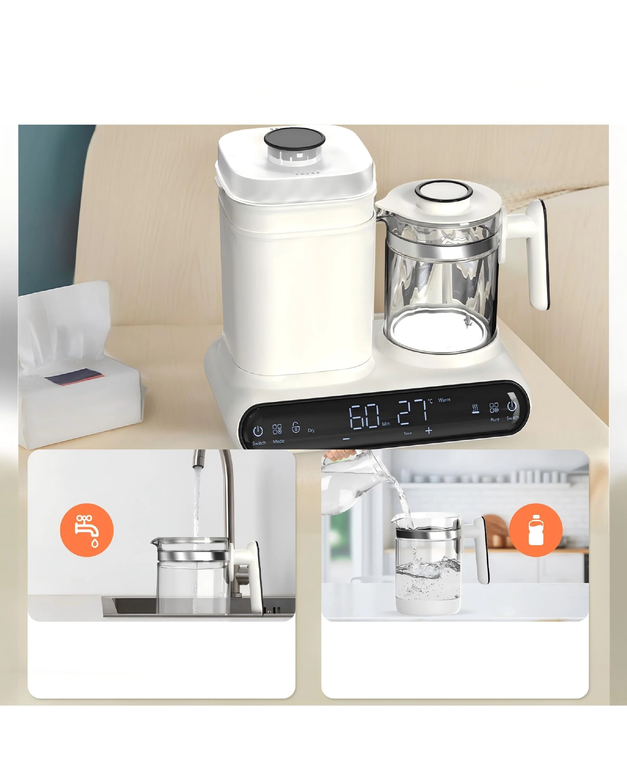 4 Advwin 10 In 1 Baby Water Kettle For Formula, Baby Bottle Warmer, Steamer& Dryer, Breastmilk Warmer Glass Water Boiler, 4 of 7