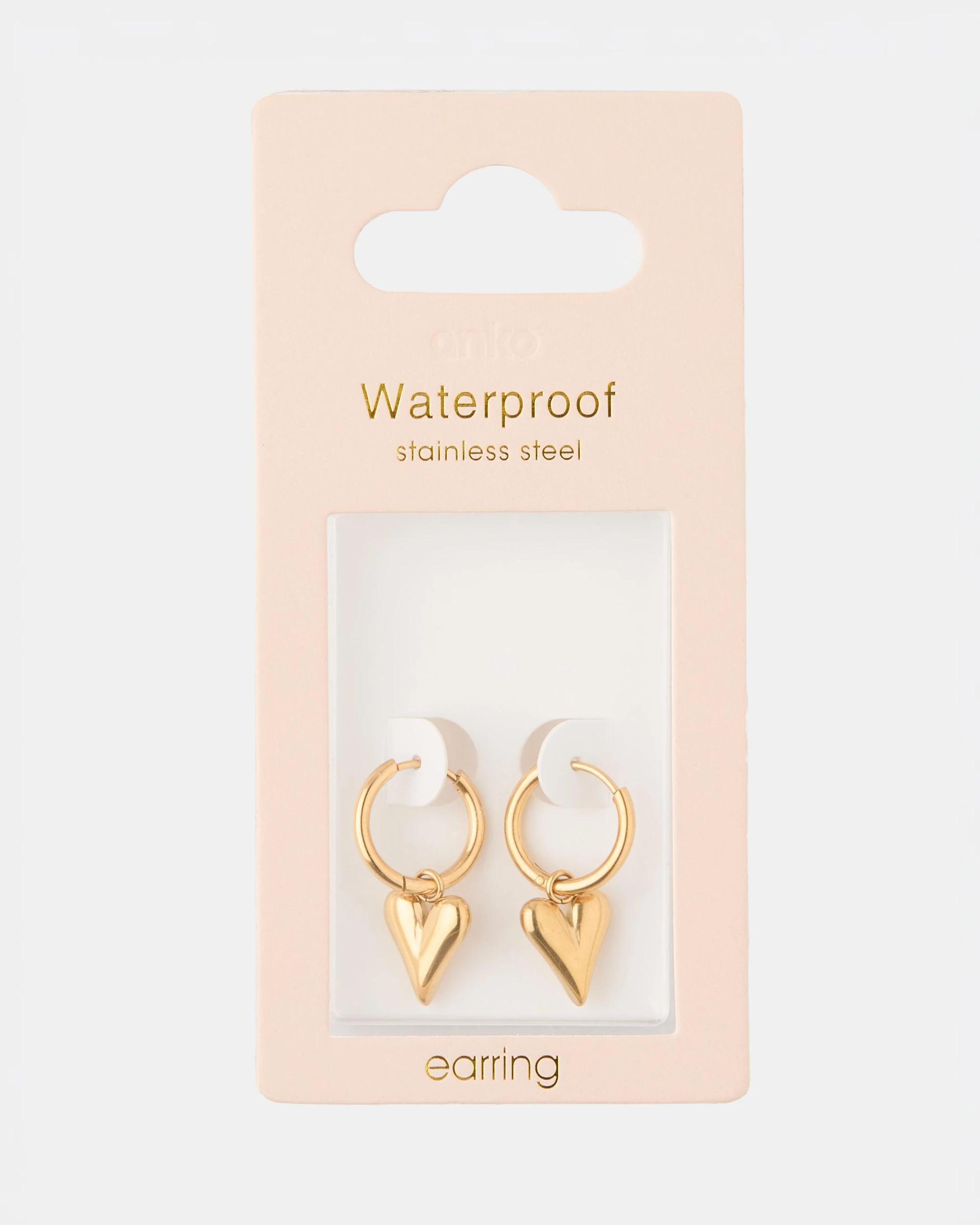 4 Waterproof Stainless Steel Heart Hoop Earrings - Gold Tone Gold, 4 of 5