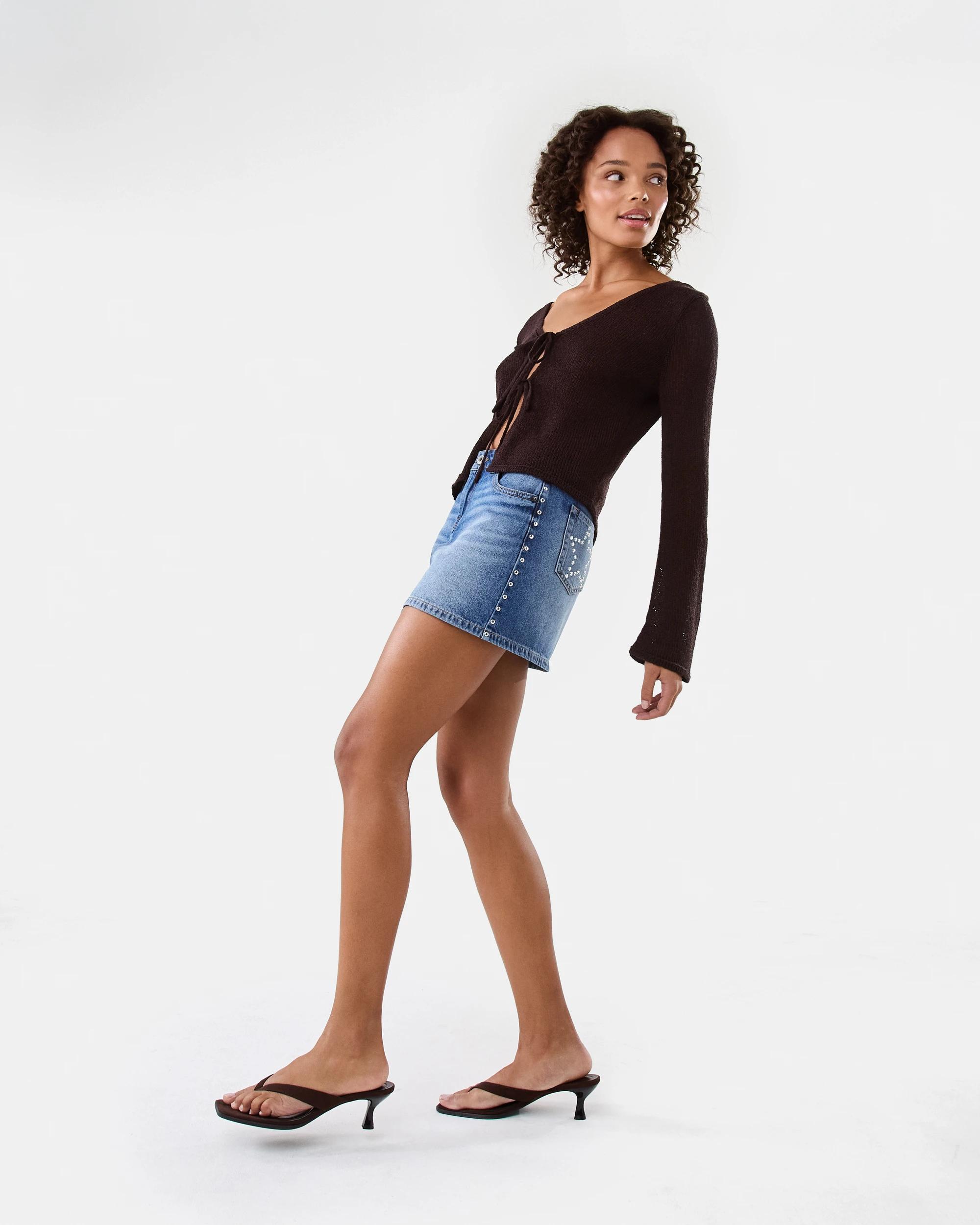 3 Long Sleeve Open Tie Knit Cardigan Choc Plum, 3 of 7