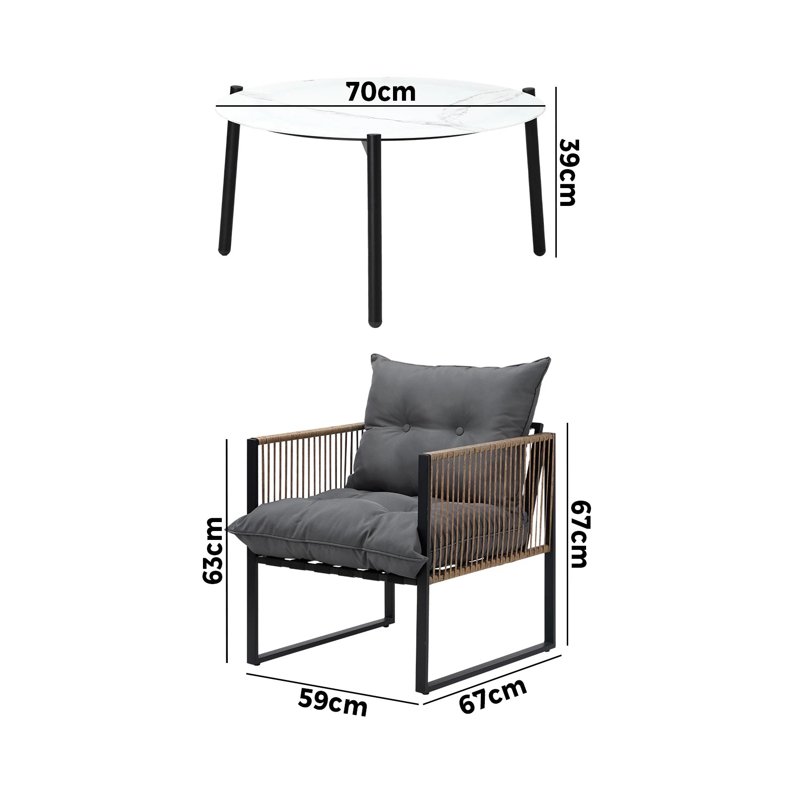 2 Livsip Outdoor Patio Lounge Set Furniture White 70cm Coffee Table Sofa Chair 3PC - Multi, 2 of 9