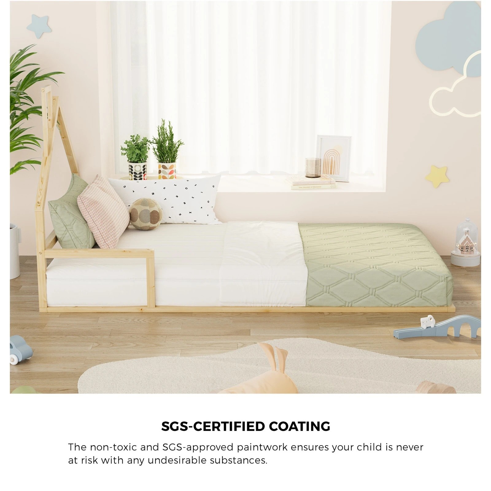 4 Oikiture Wooden Kids Bed Chimney Wooden King Single - Natural, 4 of 10