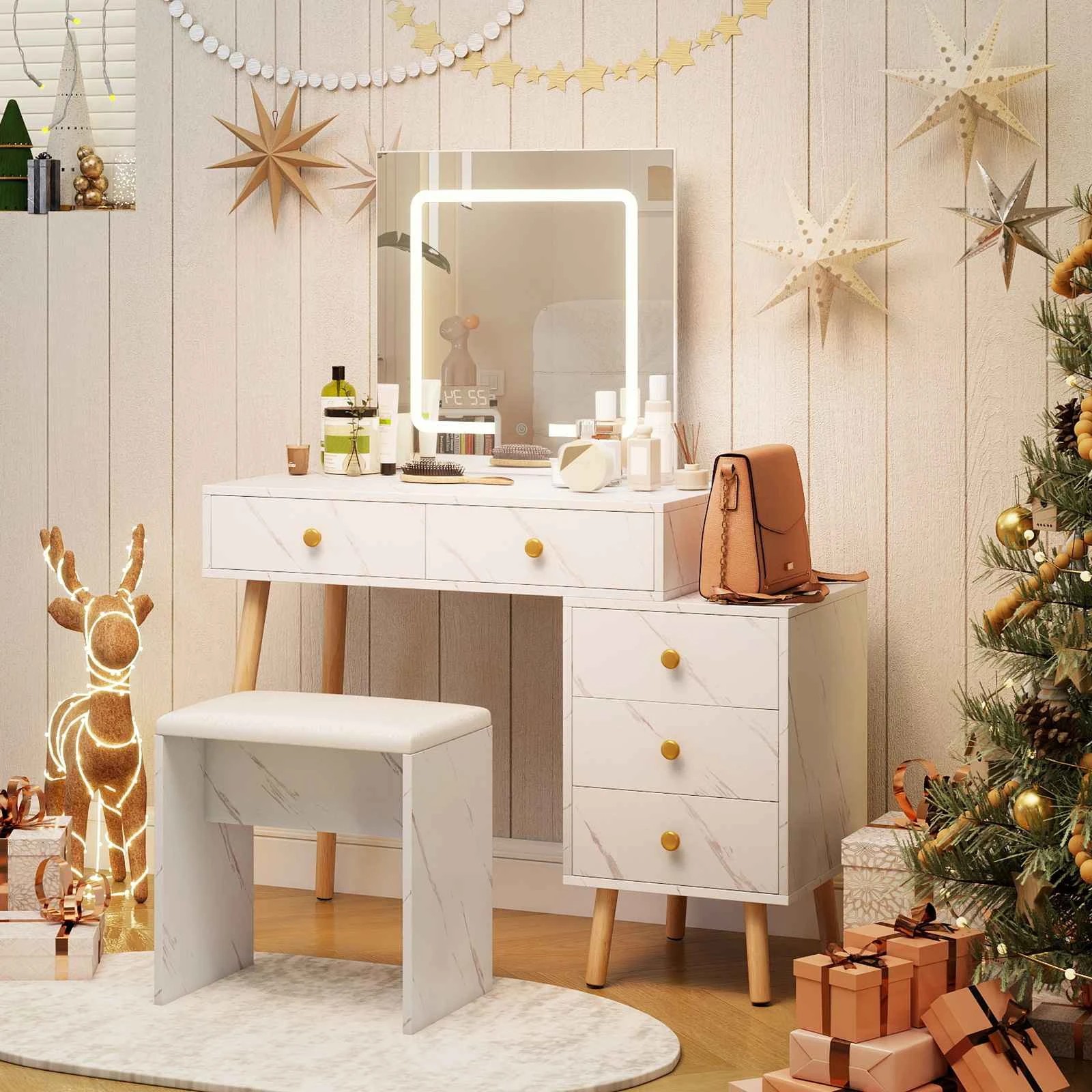 2 Costway 3 Light Mode Dressing Table Set Makeup Vanity Desk & Soft Padded Stool w/5 Drawers, 2 of 3