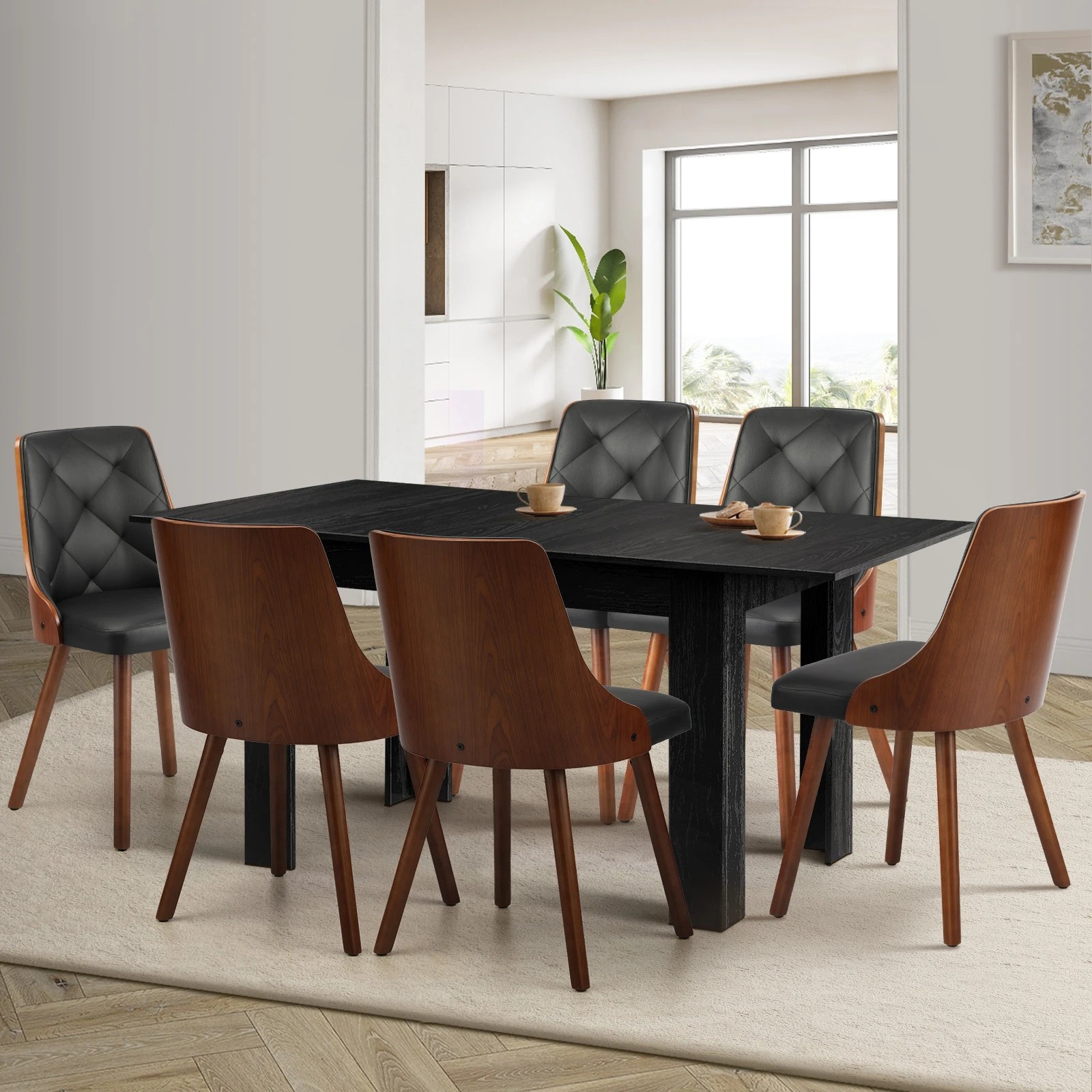 2 Oikiture 160cm Extendable Dining Table With 6pcs Dining Chairs Pu Leather
 - Black, 2 of 10