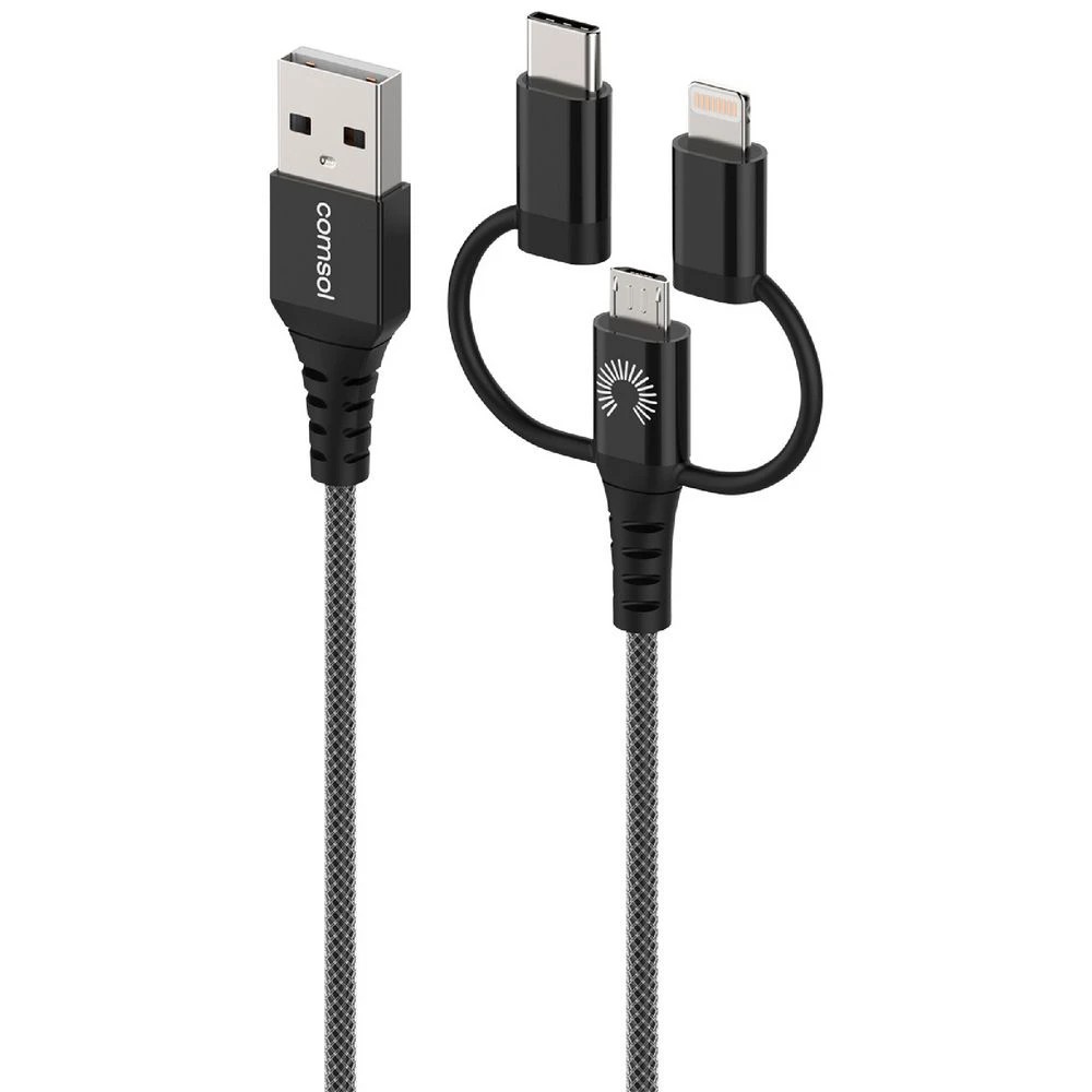 1 Comsol Lightning/USB-C/Micro to USB-A MFi Cable 1.2m Black, 1 of 3
