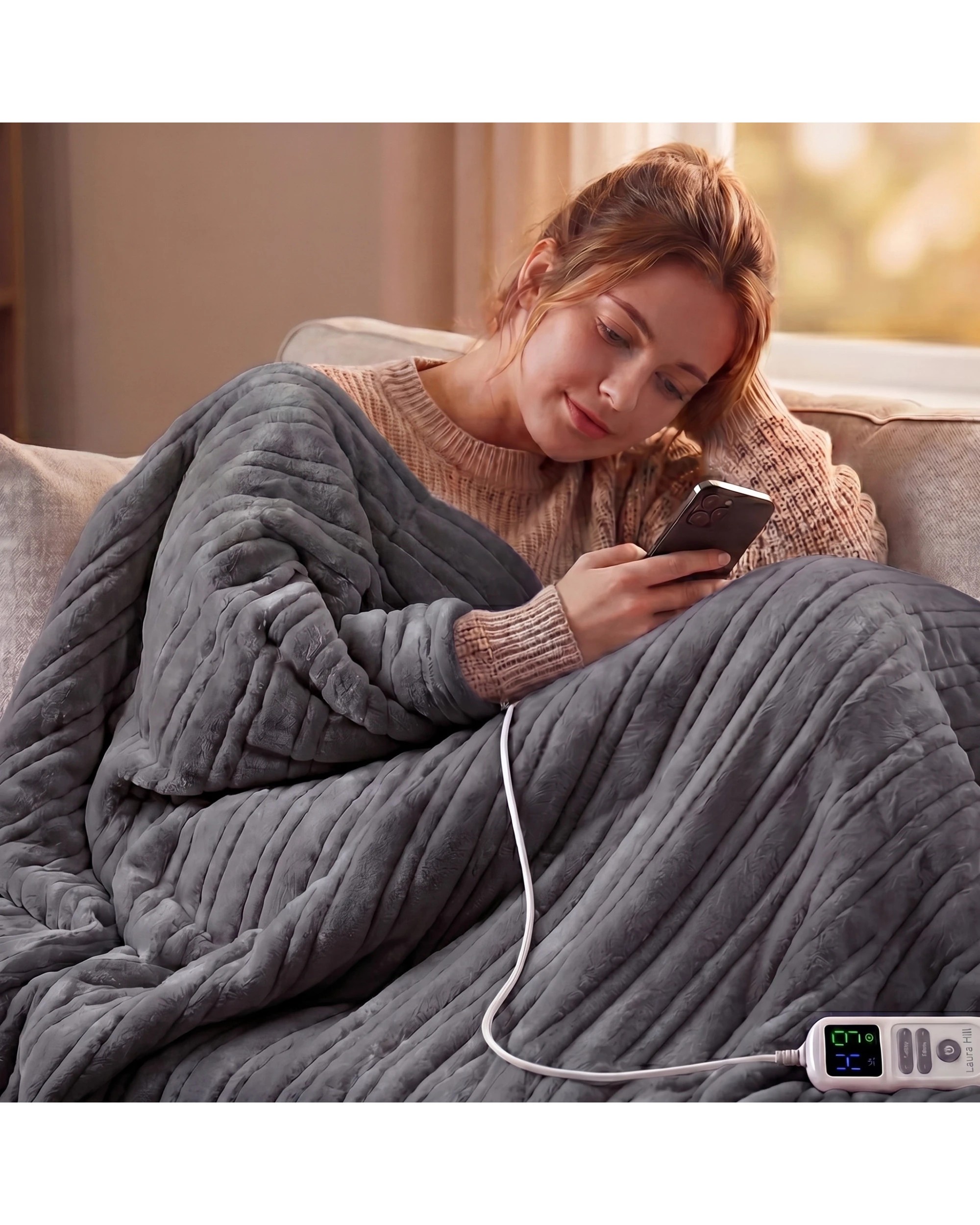 6 Laura Hill XL Electric Heated Blanket Throw Soft Coral Fleece 10 Heat Settings Machine Washable - Grey, 6 of 7