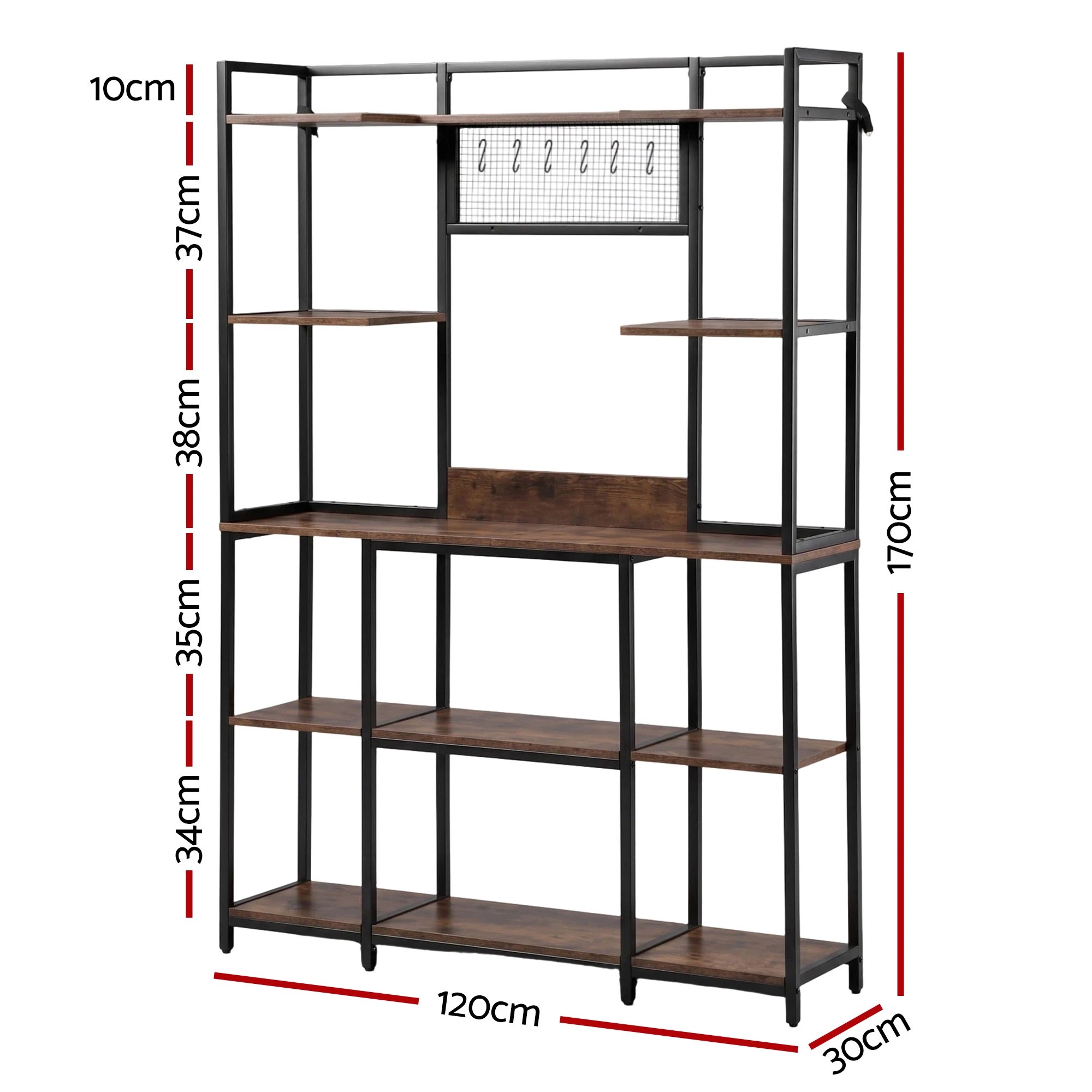 3 Artiss Kitchen Rack with 6 Hooks Microwave Storage Shelf 120cm x 170cm - Brown, 3 of 9