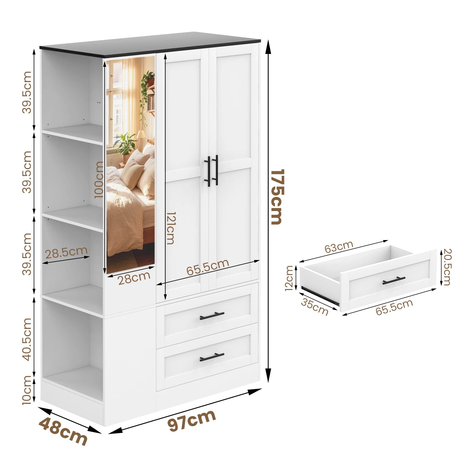 3 Advwin 2 Doors Armoire Wardrobe Closet with Mirror & 4 Open Shelves - White, 3 of 7