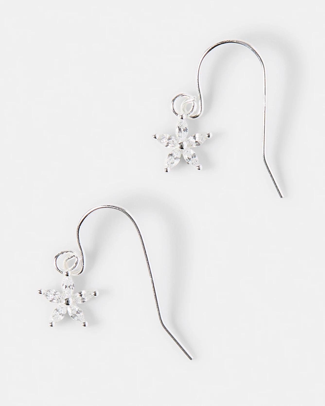 2 Cubic Zirconia Sterling Silver 925 Flower Huggie Earrings Silver, 2 of 4