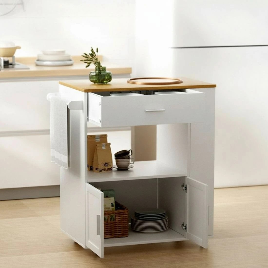 7 Artiss Kitchen Island Trolley Rolling Serving Cart - White, 7 of 8