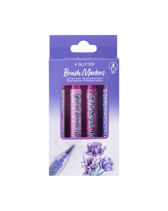 4 Pack Glitter Brush Markers - Purple