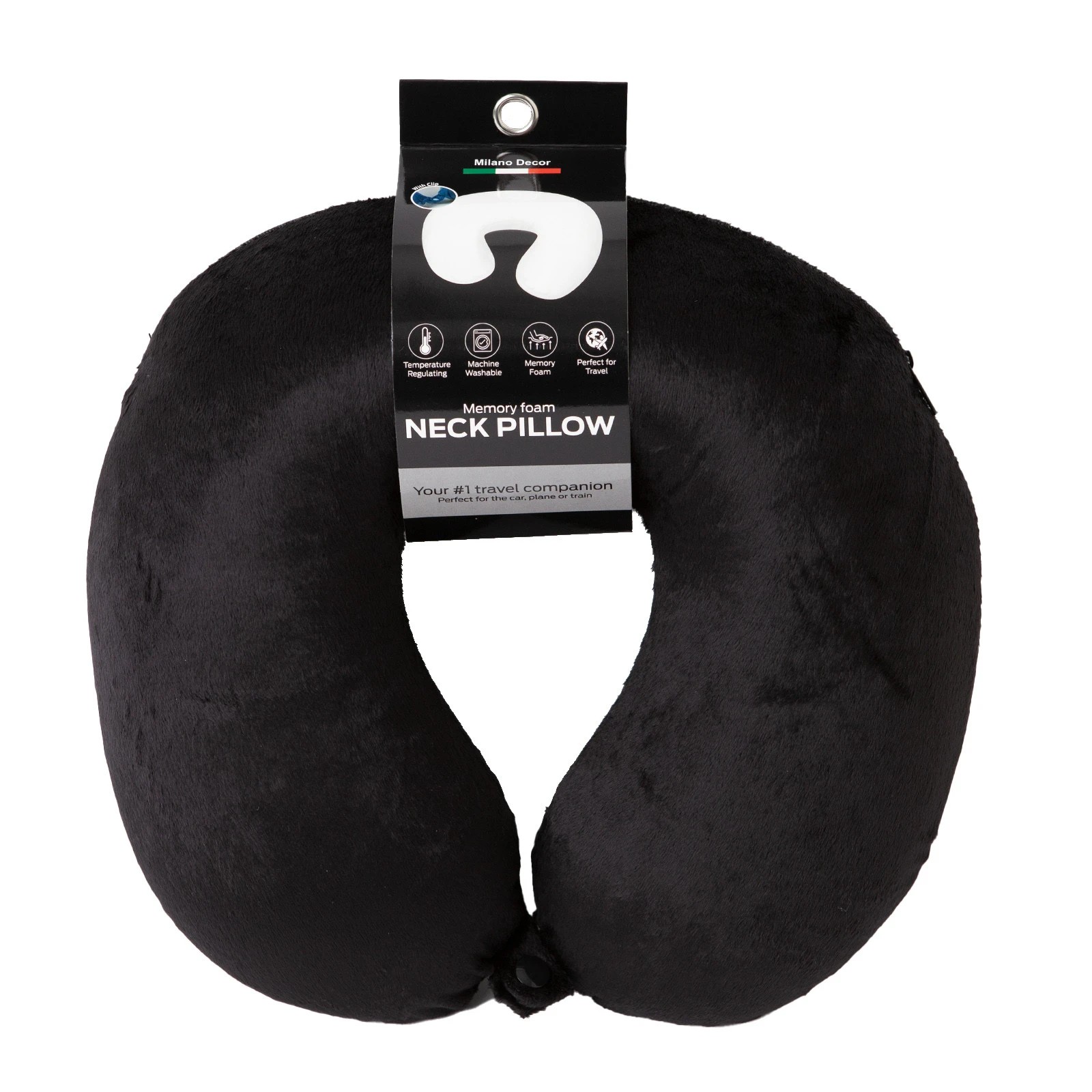 1 Milano Décor Memory Foam Travel Neck Pillow With Clip Cushion Support Soft - Black, 1 of 7