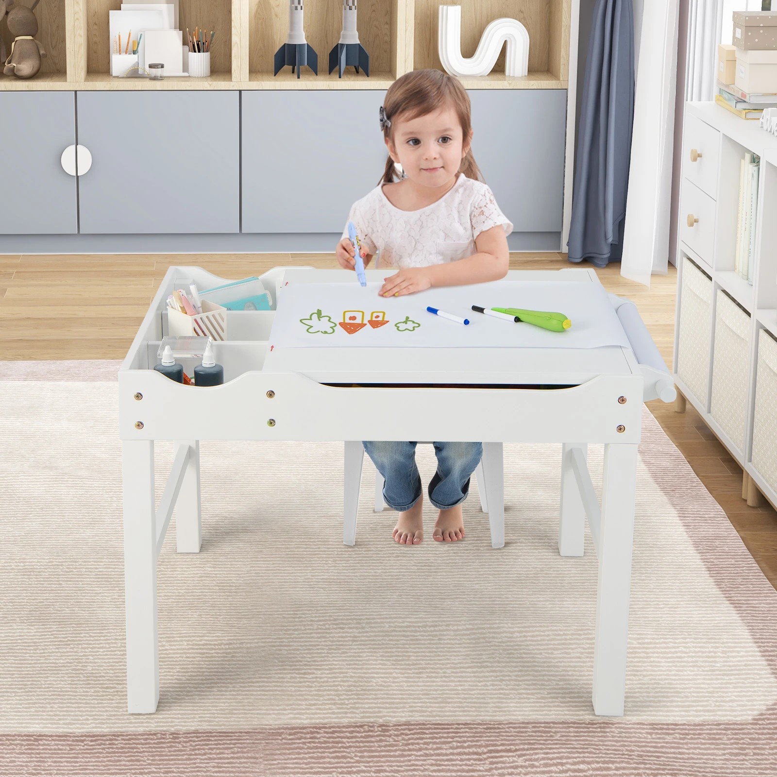 3 Costway Lego Play Center Wooden Activity Table Toys Storage Desk - White, 3 of 3