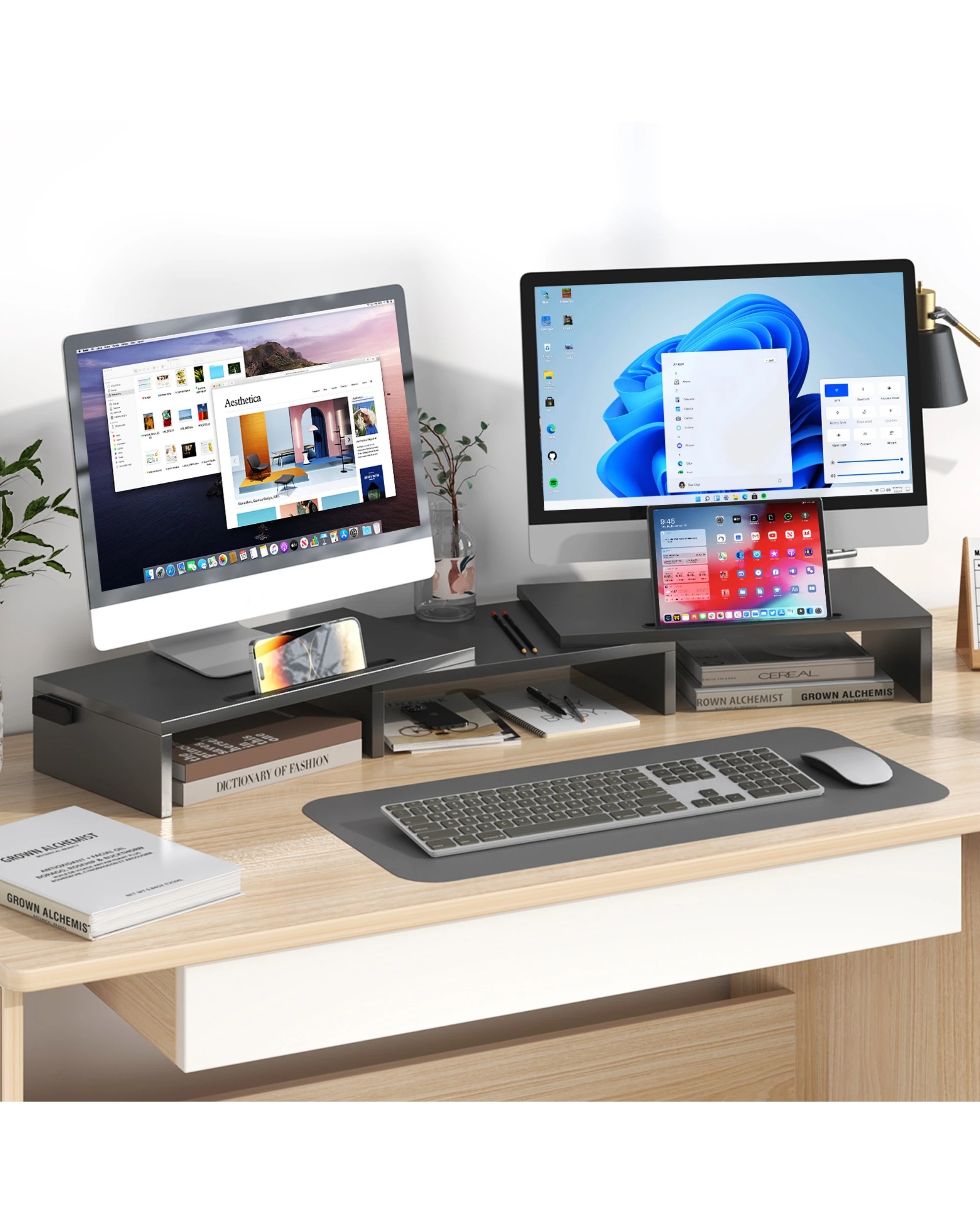 2 Advwin Dual Monitor Stand Riser Adjustable Length and Angle with 2 Slot - Black, 2 of 6