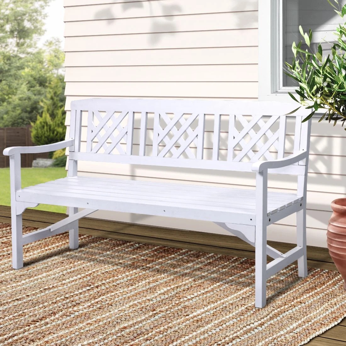 1 Gardeon Outdoor Garden Bench Wooden Chair 3 Seat Patio Furniture Lounge - White, 1 of 8