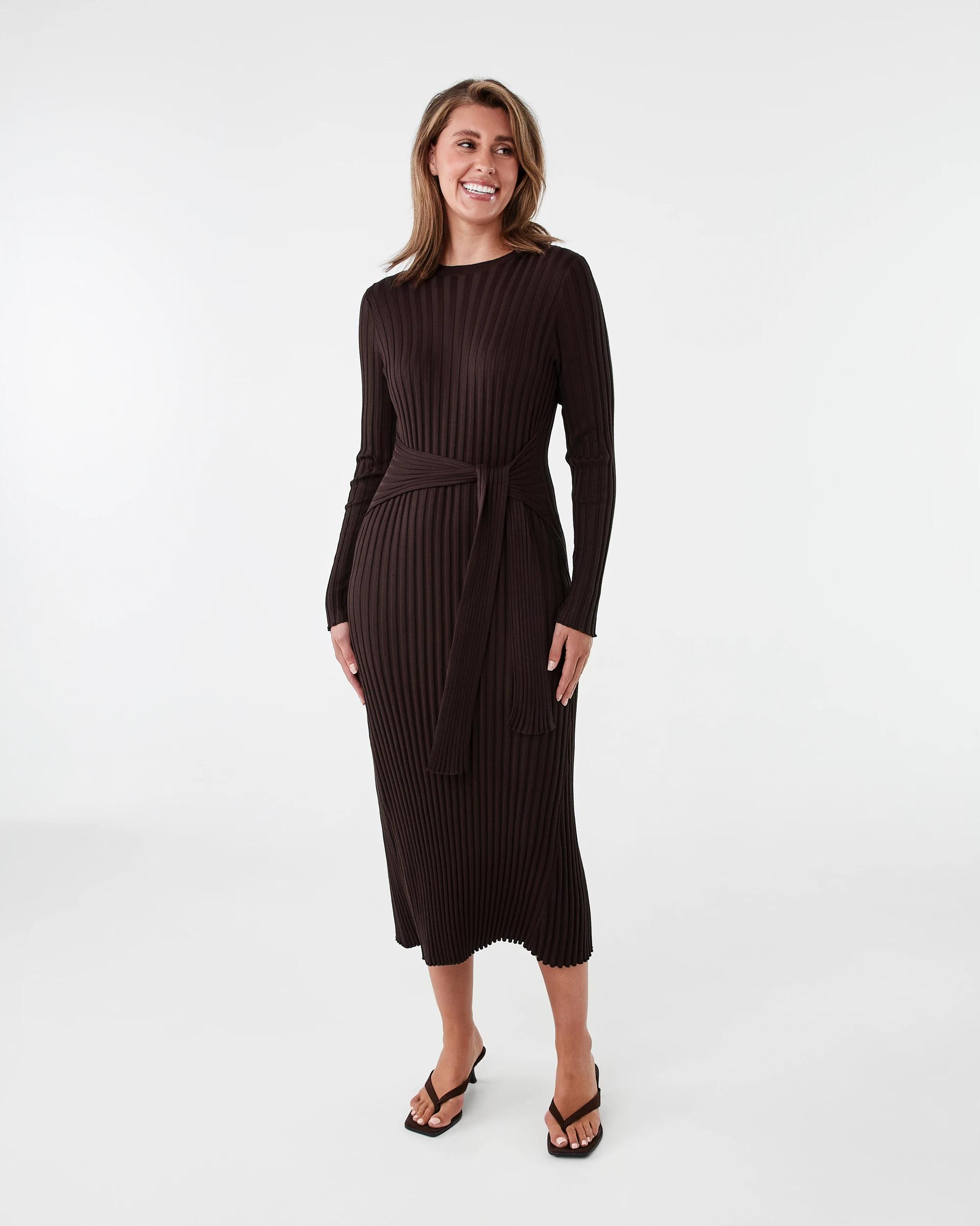 1 Long Sleeve Waist Tie Maxi Dress Melt Brown, 1 of 8