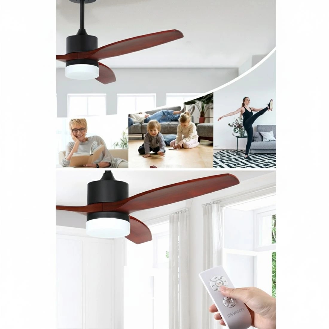 5 Devanti 52'' Ceiling Fan AC Motor 3 Blades w/Light - Dark Wood - Brown, 5 of 6