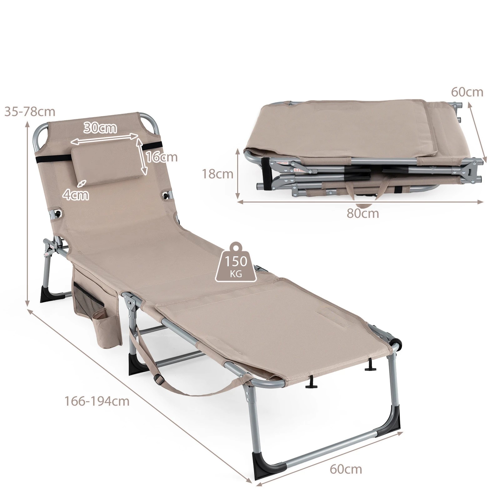 2 Costway Portable Sunbathing Chair w/Face Arm Holes Folding Chaise Lounge, 2 of 4