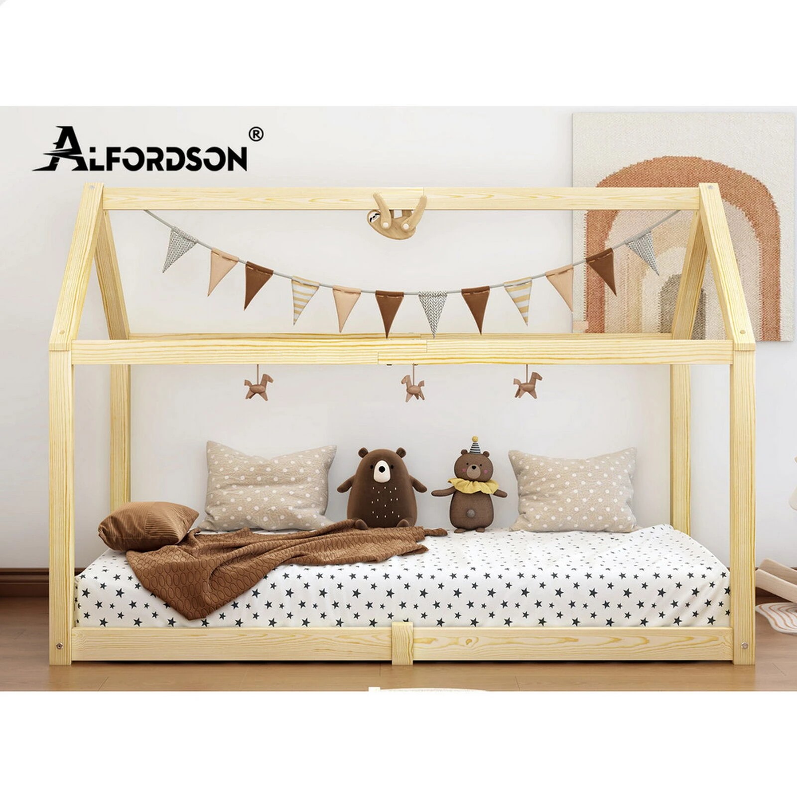 8 Alfordson Kids Bed Frame Wooden Timber Single House Frame Platform Rocco - Natural, 8 of 10