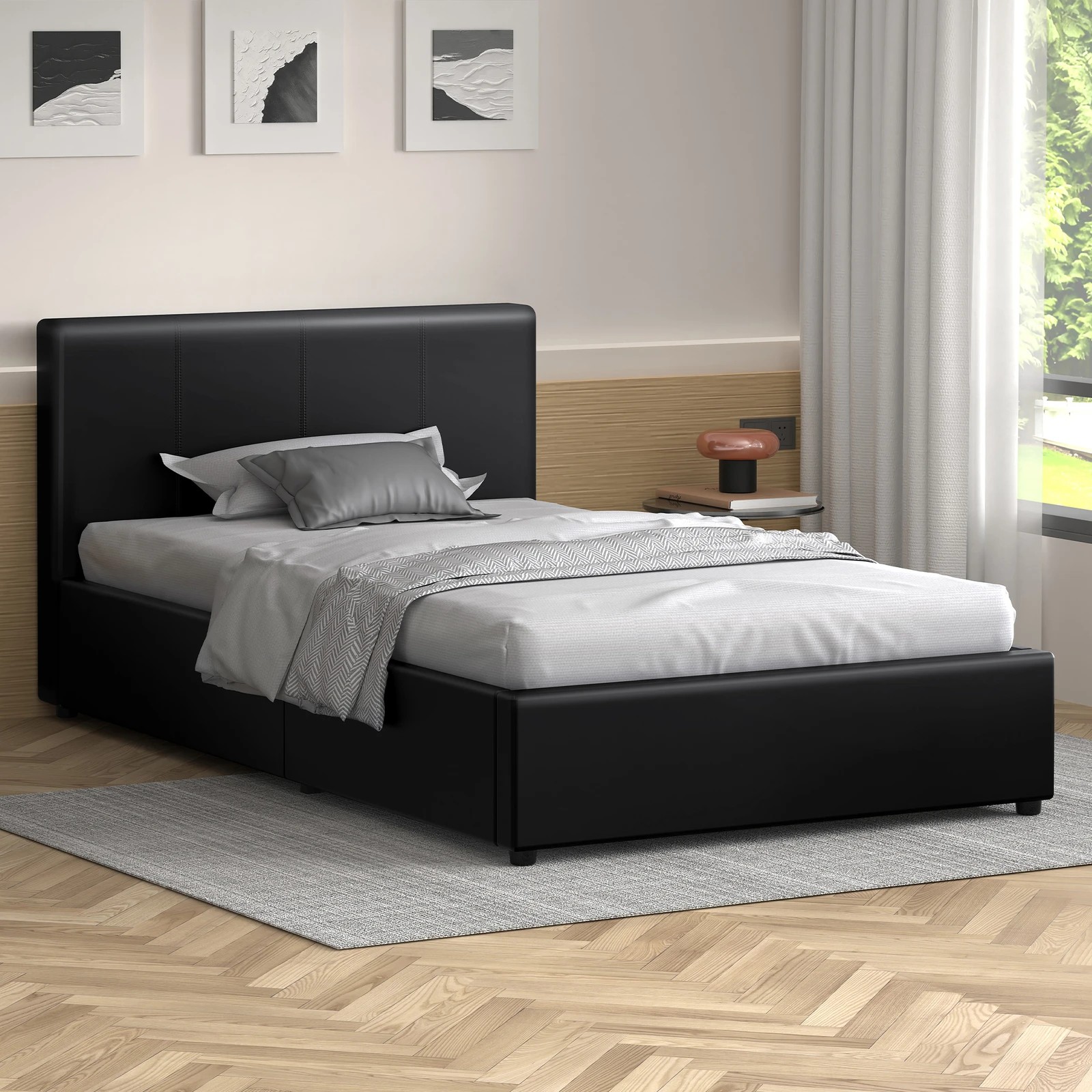 2 Alfordson Bed Frame Single Size Gas Lift Storage Base Leather Tricia - Black, 2 of 10