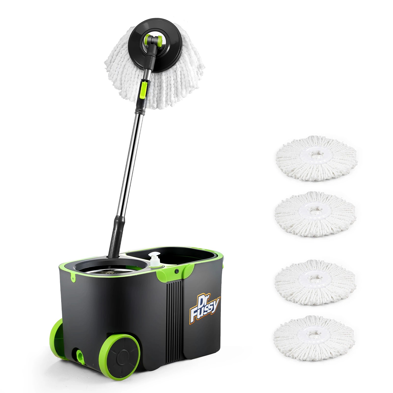 4 Dr FUSSY 360 Degree Spin Floor Mop Bucket System with 4 Extra Microfiber Heads, 4 of 8