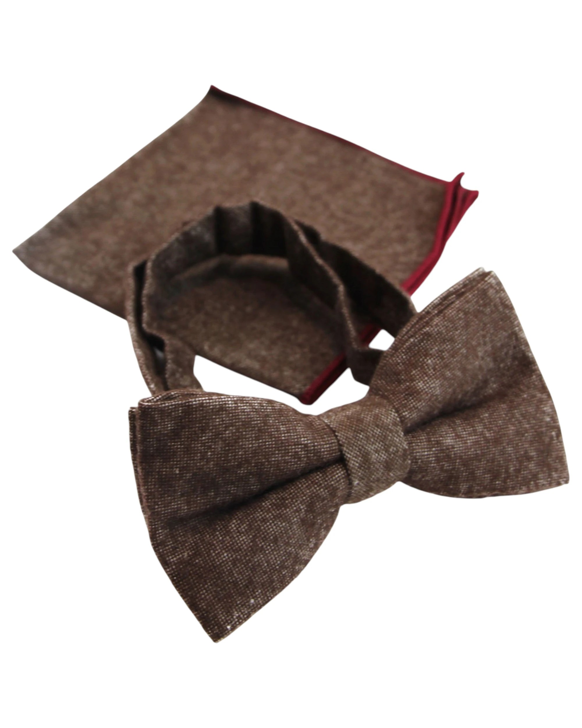 2 Zasel Mens Brown Denim & Burgundy Trim Cotton Bow Tie & Pocket Square Set - Multi, 2 of 5