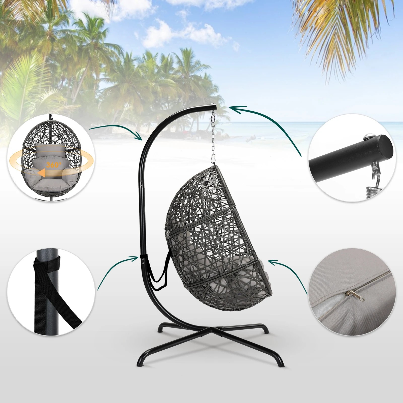 7 Alfordson Outdoor Egg Swing Chair Wicker Rattan Pod Hanging Seat - Light Grey, 7 of 10