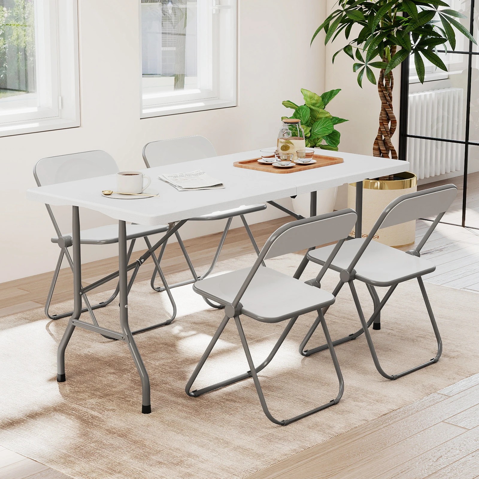 2 Costway Folding Picnic Table 152CM Kitchen Dining w/Handle Camping Table - White, 2 of 4