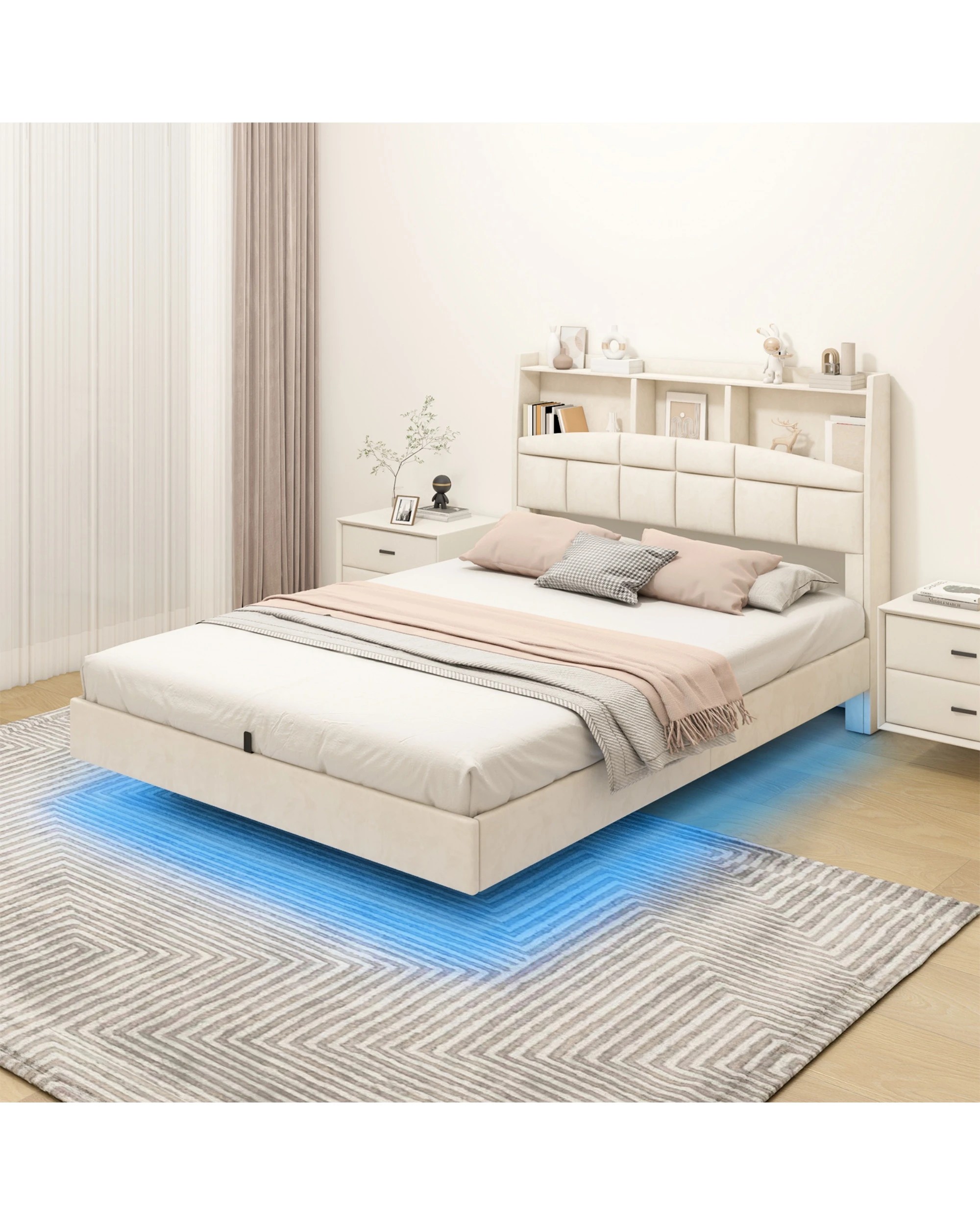 7 Advwin Queen Velvet Floating Bed Frame with LED Lights and Charging Station - Beige, 7 of 7