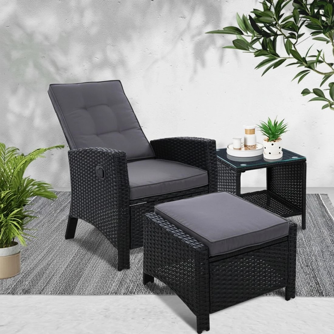 7 Gardeon 3PC Recliner Chairs Table Sun lounge Wicker Outdoor Furniture Adjustable - Black, 7 of 7