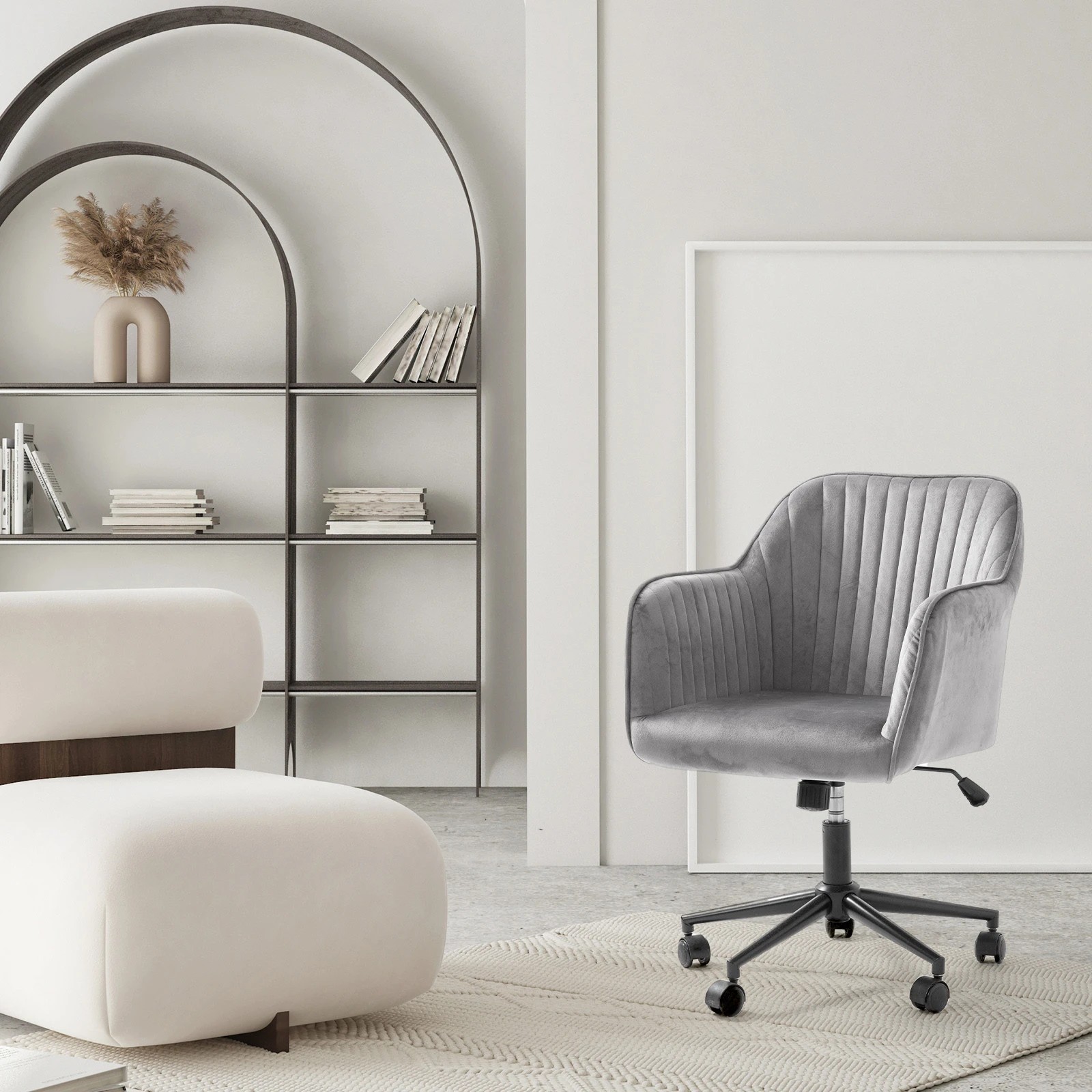 6 Casa Decor Arles Velvet Office Chair Mid Back Swivel Height Adjustable Grey - Grey, 6 of 10