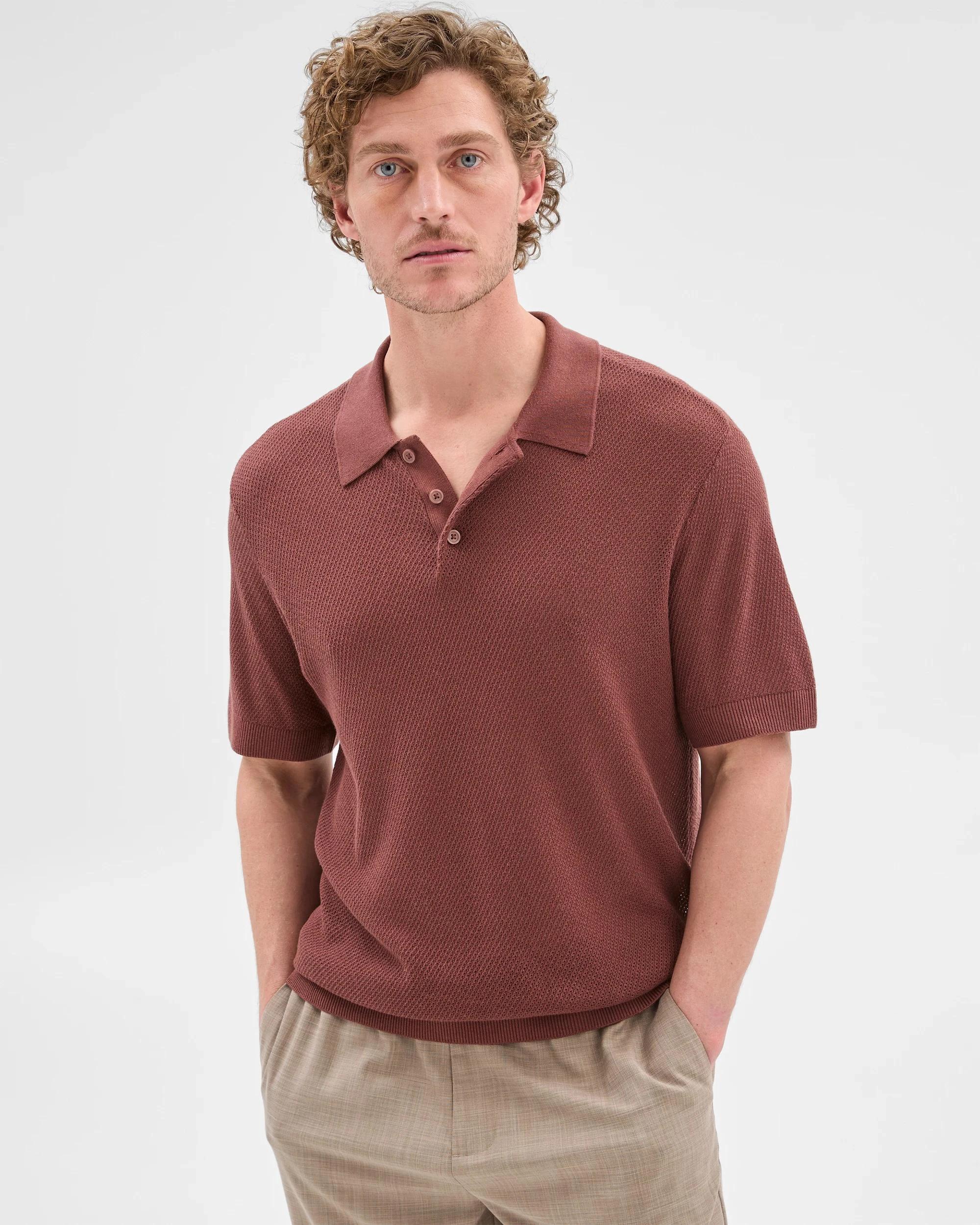1 Australian Cotton Blend Knit Polo Top - Preview BRICK, 1 of 10