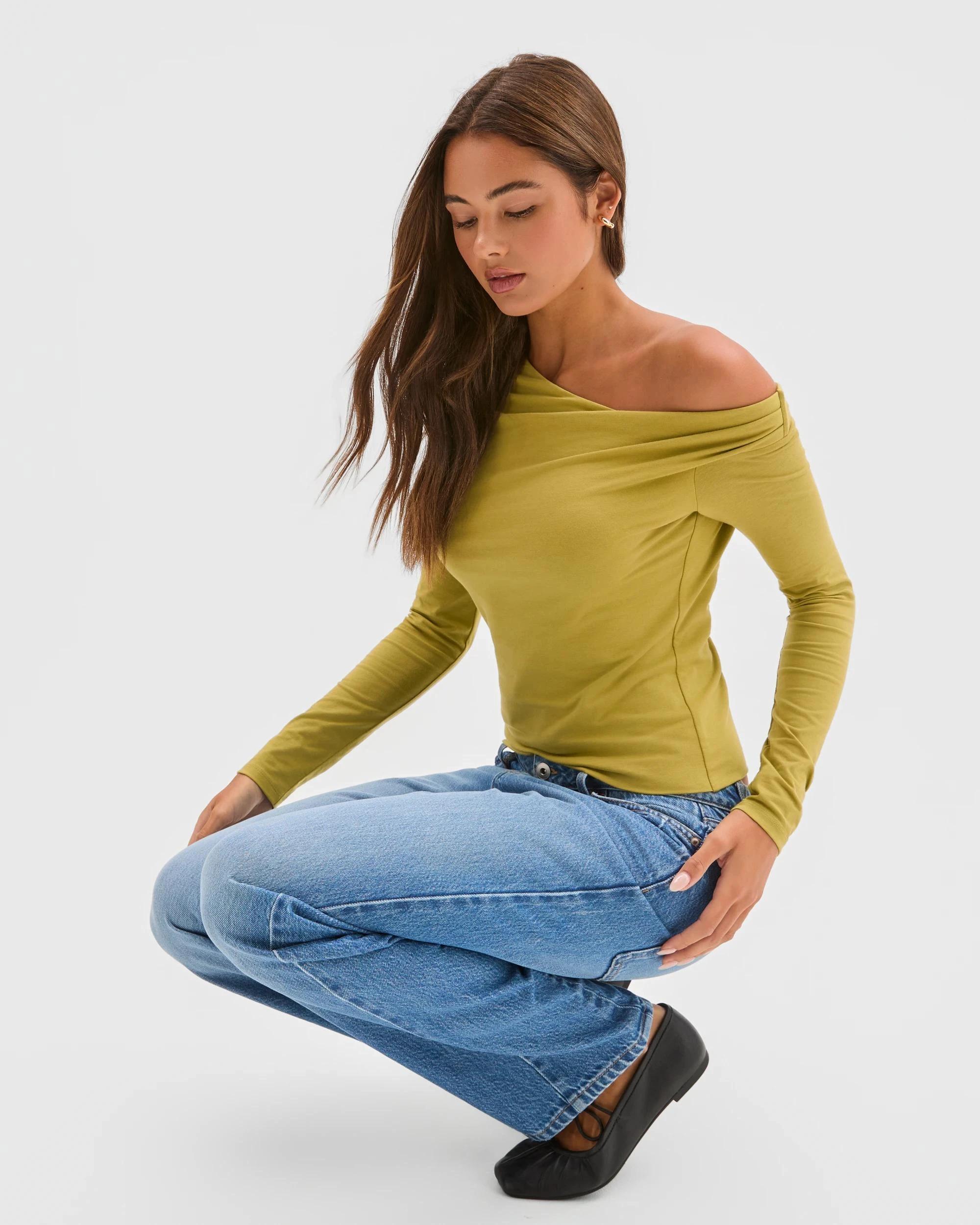 7 Lily Loves Australian Cotton Off Shoulder Long Sleeve Top MARTINI GREEN, 7 of 7