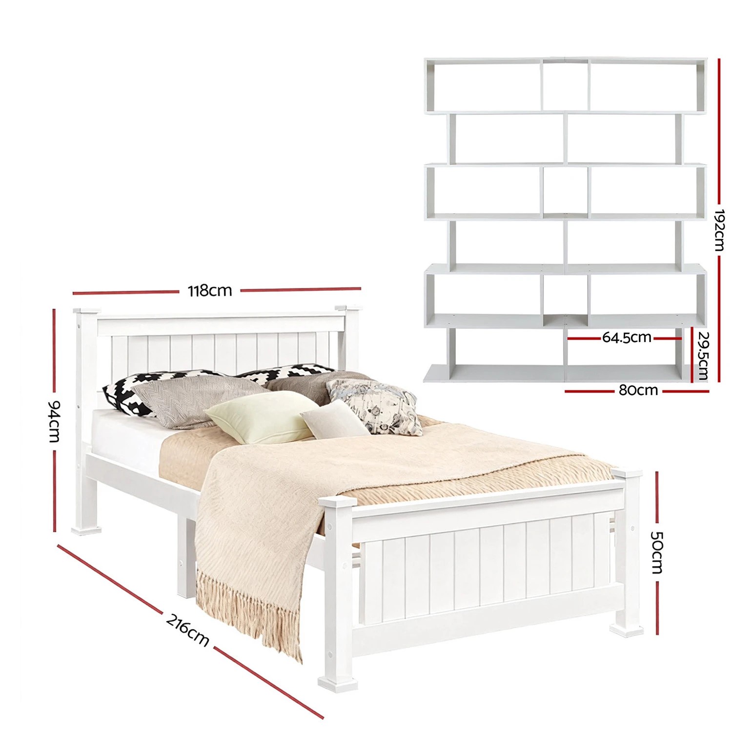 3 Artiss King Single Bed Frame and Bookshelf - White, 3 of 8