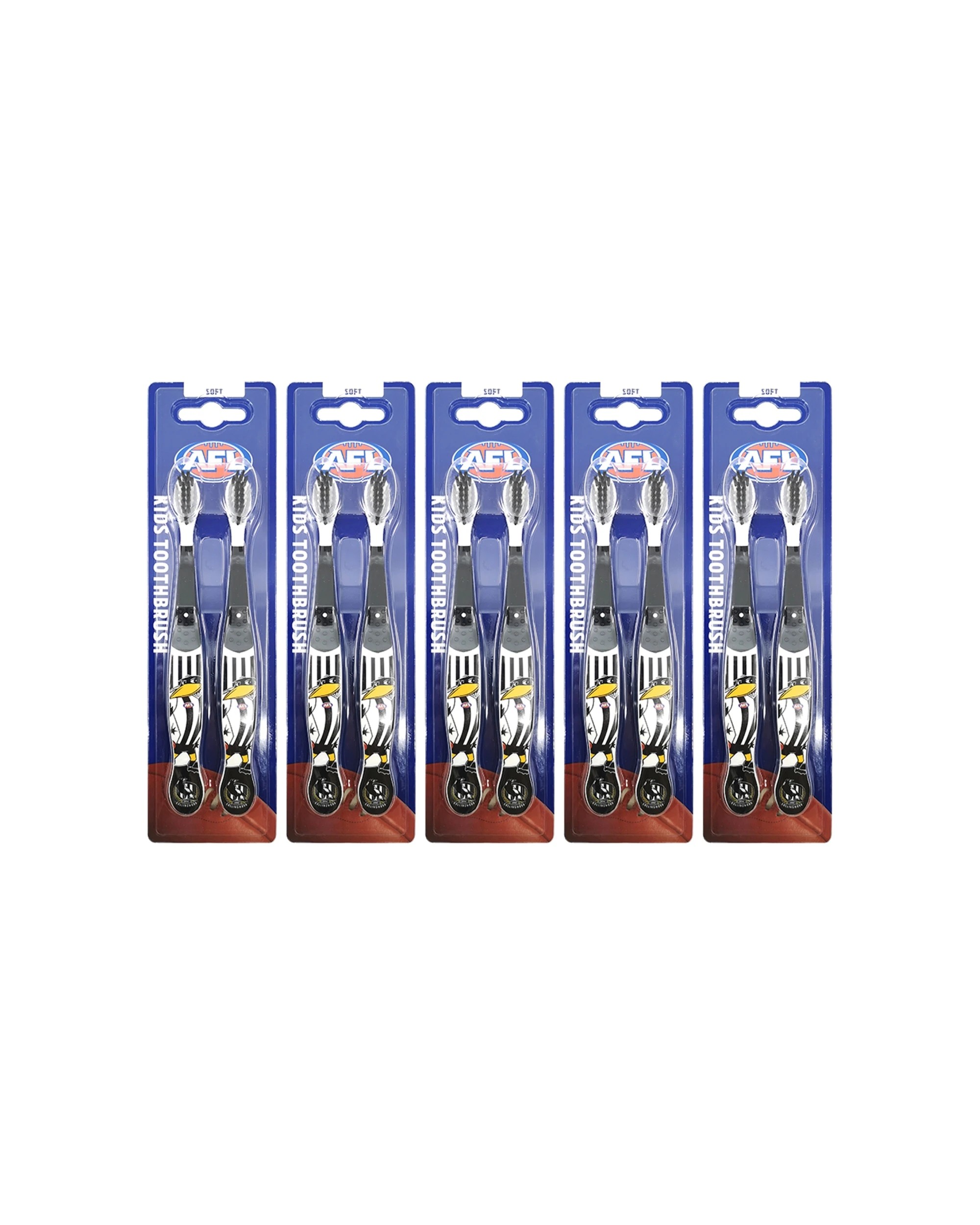 1 AFL 5x 2pc Mascot Kids/Children Soft Bristles Toothbrush Collingwood Magpies - Black, 1 of 1