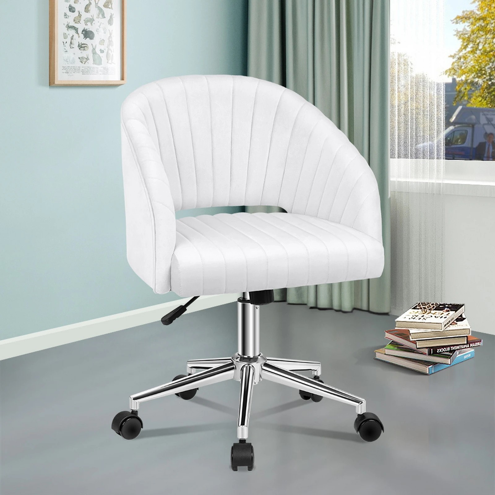 9 Alfordson Velvet Office Chair Swivel Armchair Work Study Seat Adult Kids - White, 9 of 9