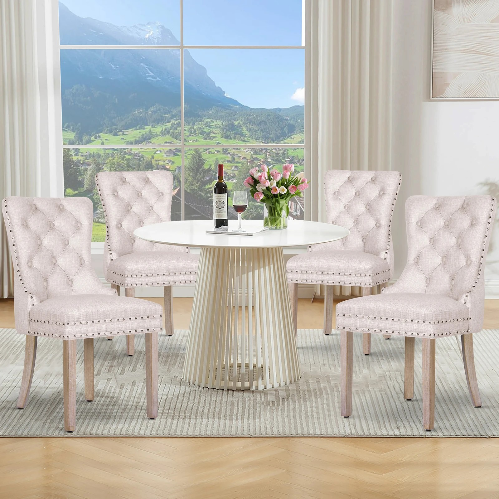 2 Alfordson 4x Dining Chair Kitchen Lounge Retro Button Tufted Wooden Fabric - Beige, 2 of 10