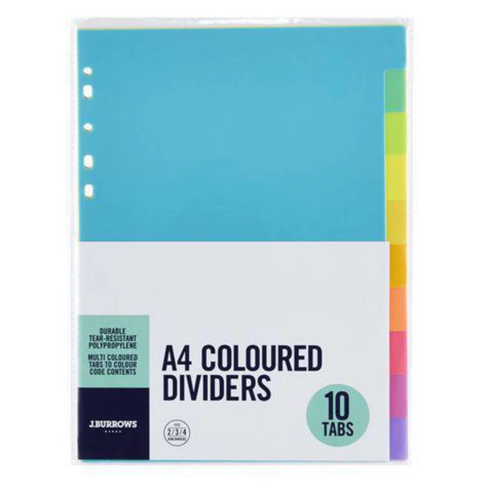 2 J.Burrows A4 10 Tab Polypropylene Divider Neon, 2 of 4